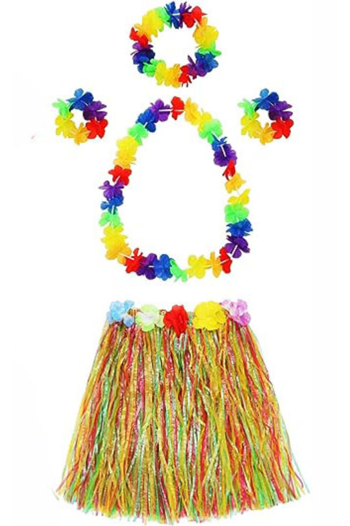 Avantaj Kapıda ® Yetişkin ve Luau Aloha Çocuk Uyumlu Hawaii Kolye Renkli Etek Taç ve Bileklik Seti