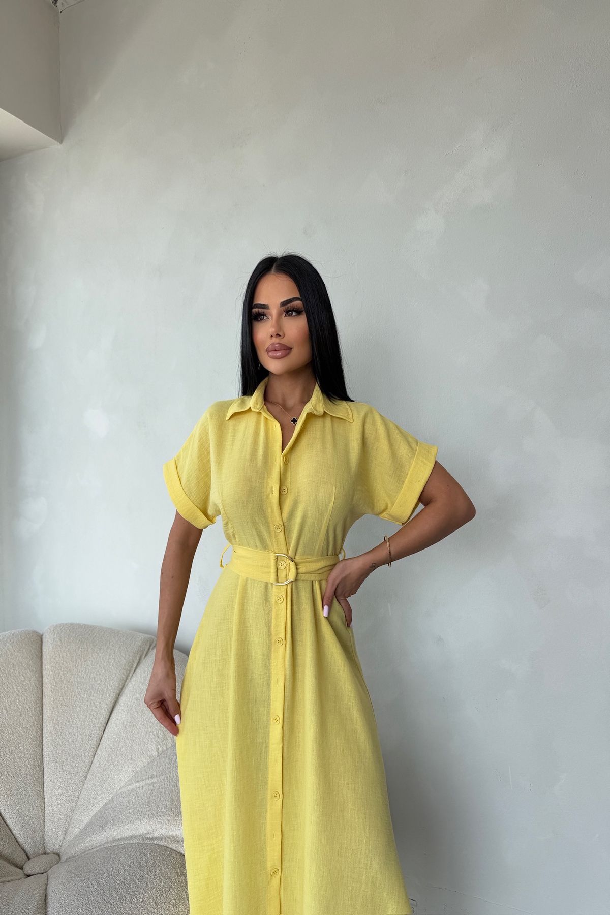 kamacibutik Gömlek Yaka Önü Düğmeli Elbise