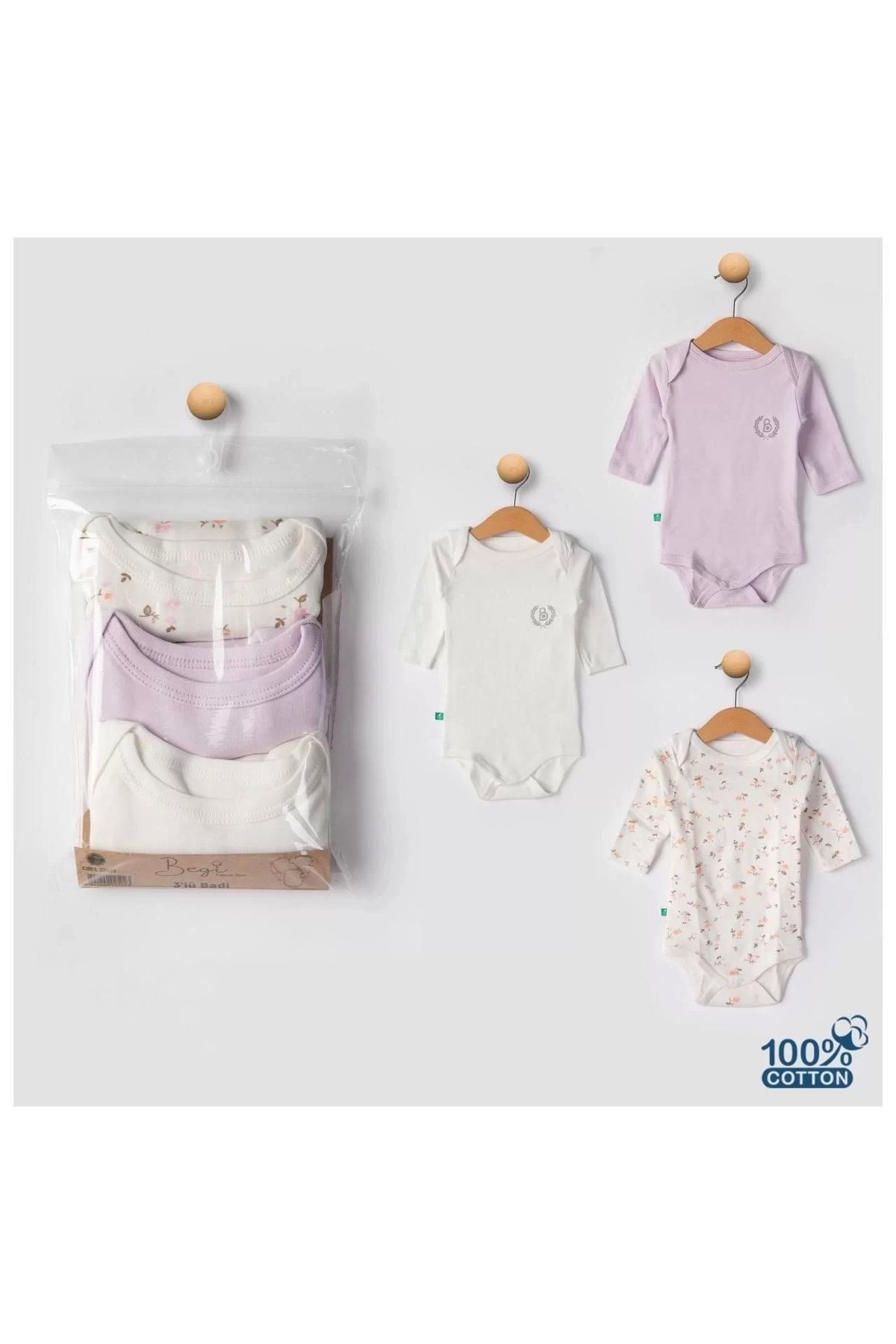 Moda Şahsenem 3'lü Naturel Çiçekli Bebek Badi Zıbın - Beyaz Lila %100 Pamuk