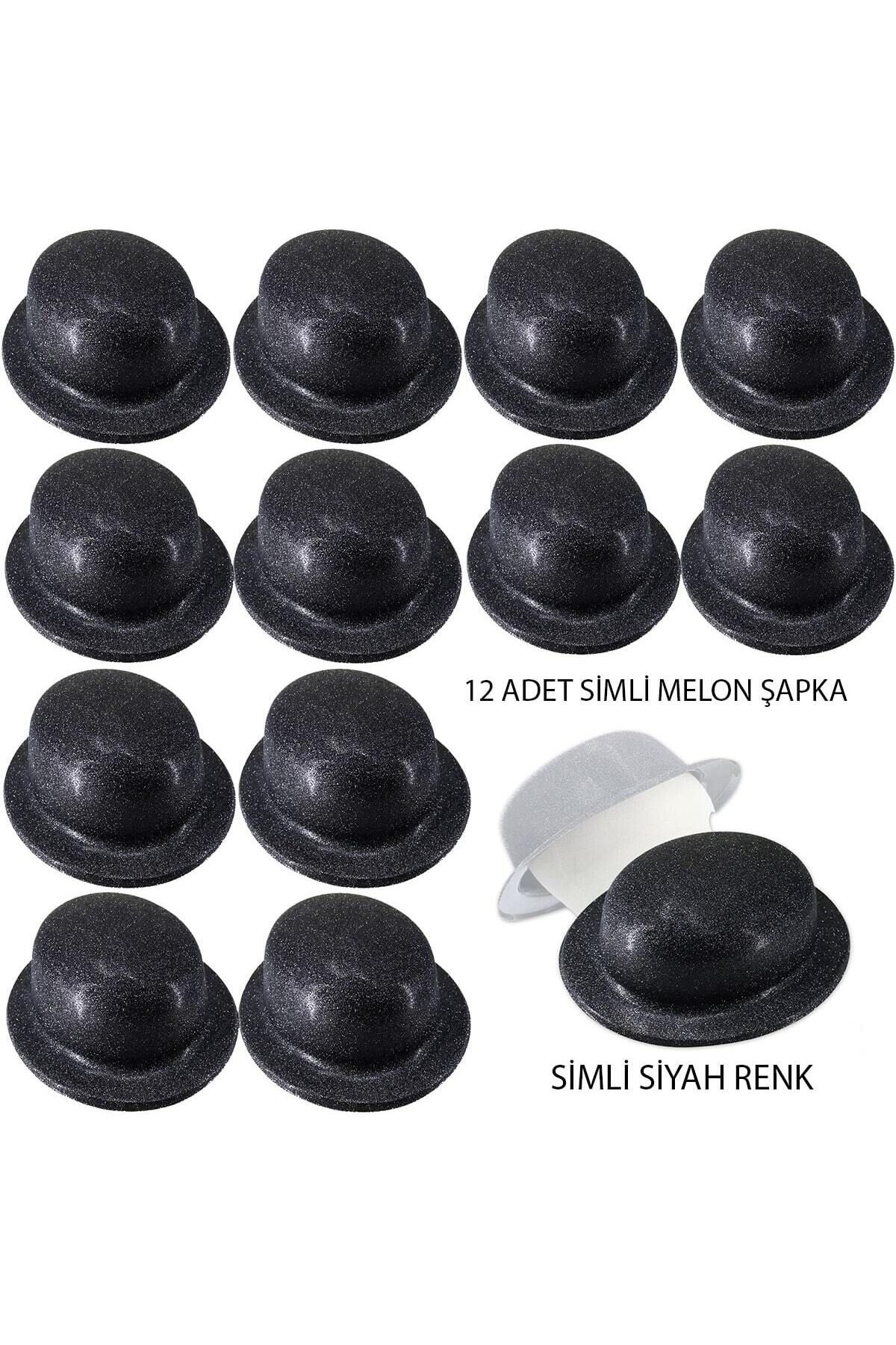 Avantaj Kapıda ® Siyah Renk Yuvarlak Parti Simli Melon Şapkası 12 Adet