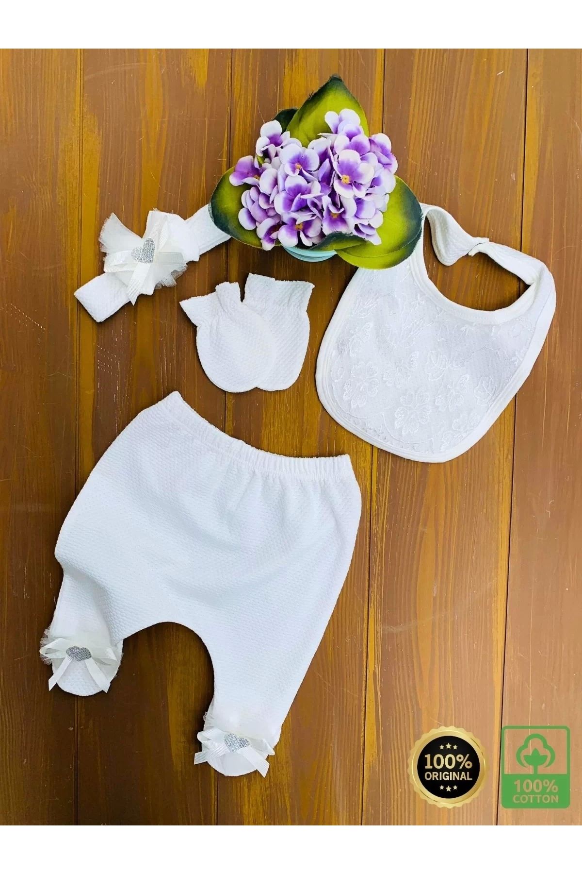 Moda Şahsenem Dantel Desenli 0-3 Ay Hastane Çıkışı Seti %100 Pamuk