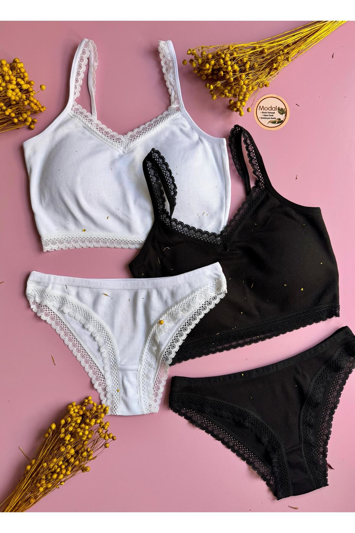 VicTroy Daisy 2'li -Kaşkorse Modal Kumaş - Kadın, Pedli Yarım Atlet ve Külot- Dantelli Takım
