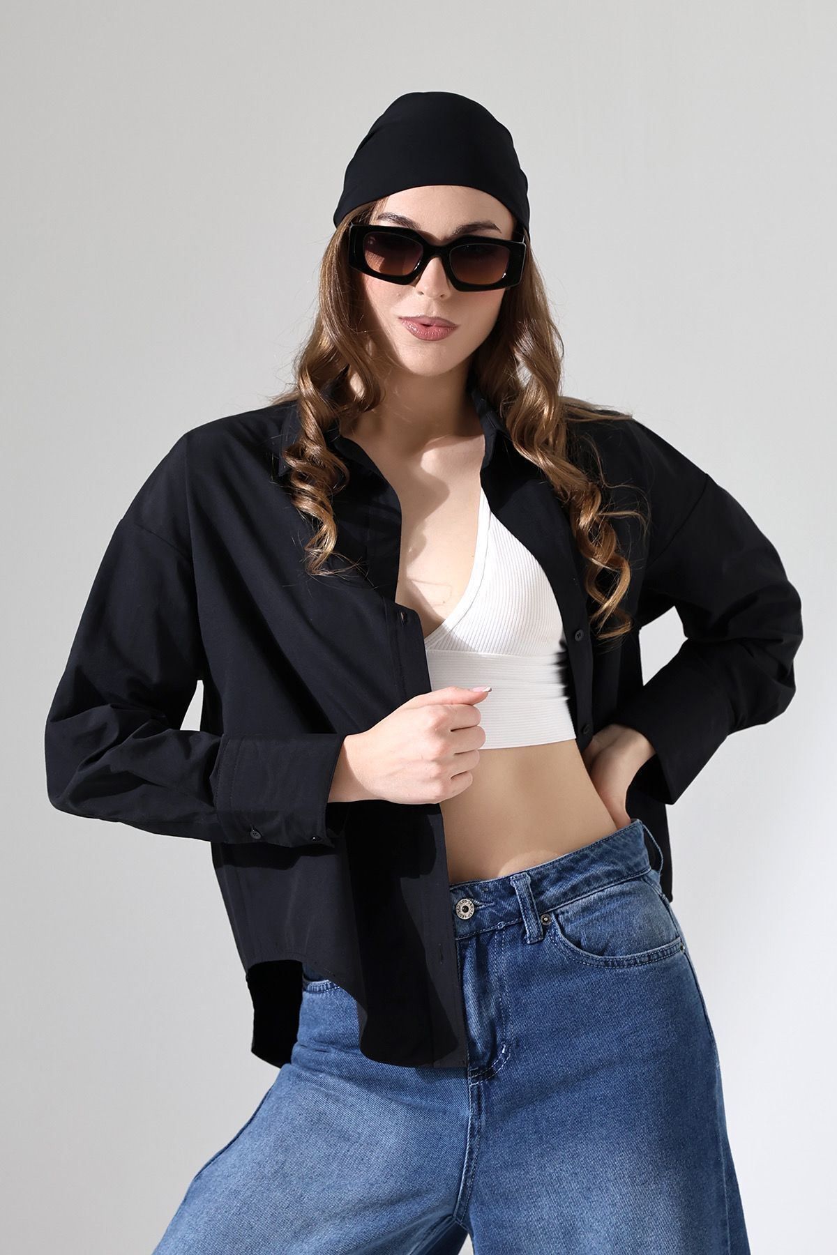 Shop58 Kadın Gömlek Siyah Renk Oversize Rahat Kesim Poplin Kumaş Gomlek