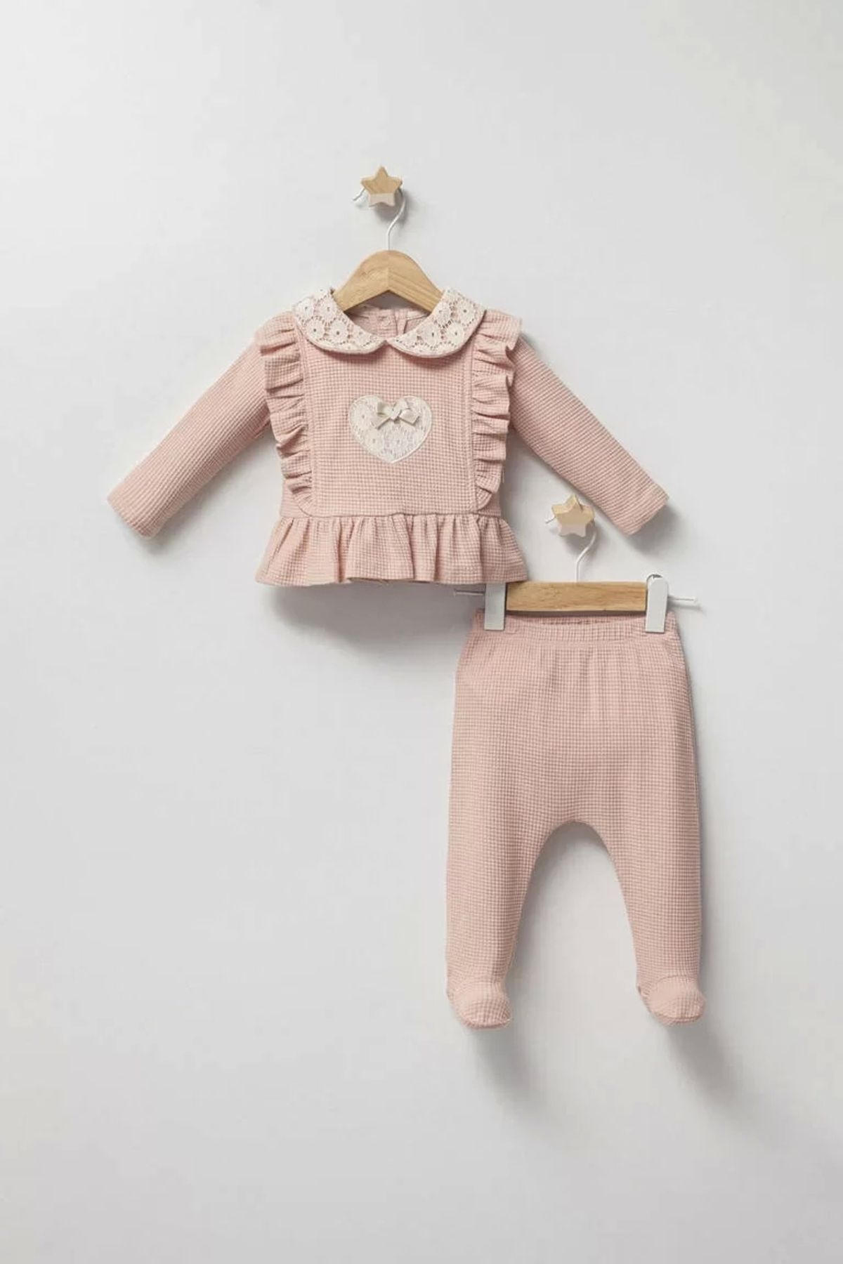 Moda Şahsenem Baby Lace Heart Bebek Zıbın Takım Somon