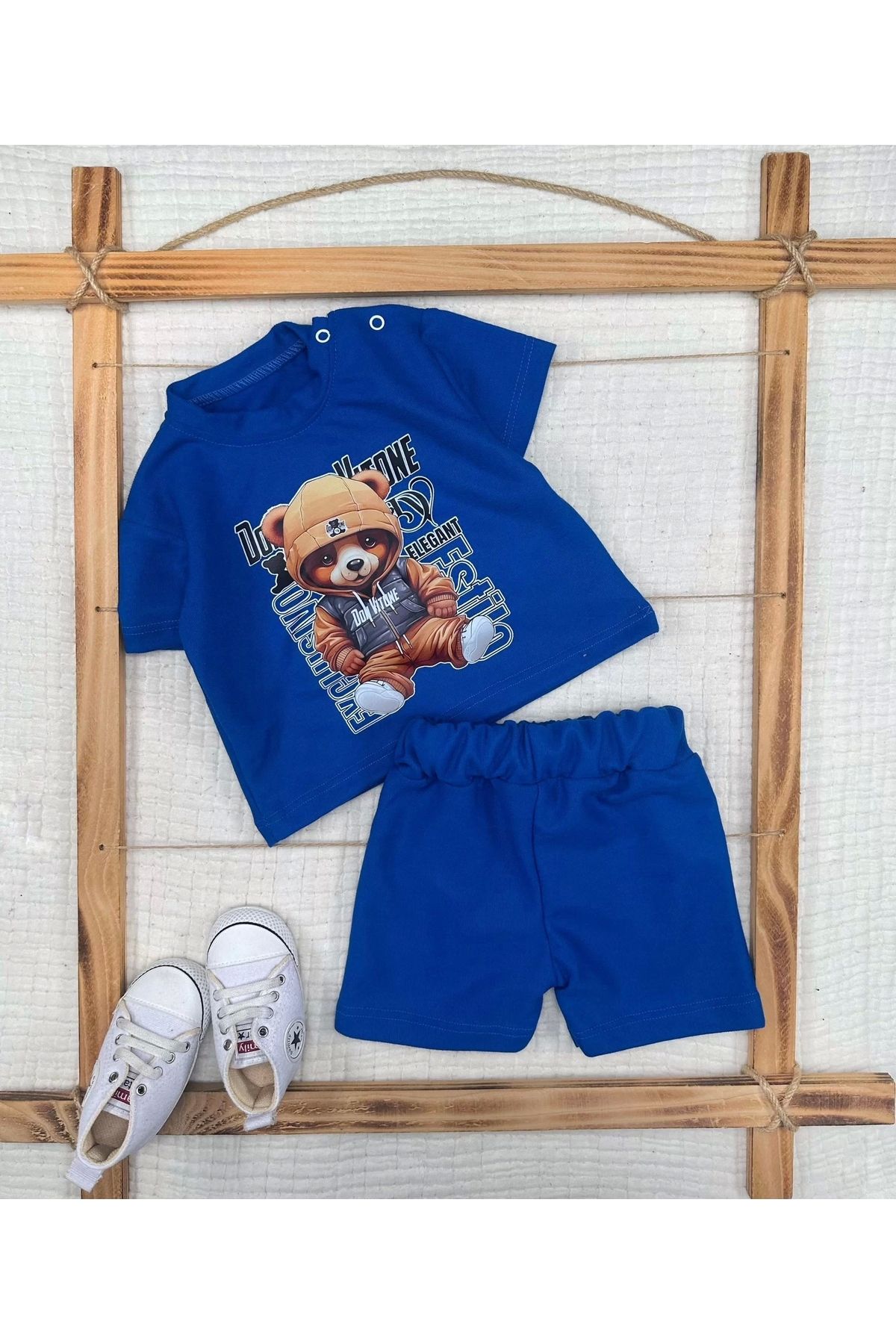 Moda Şahsenem 9-12-18-24 Ay Dansçı Ayıcık Baskılı Şortlu Kısa Kollu Tişört 2li Erkek Bebek Takımı