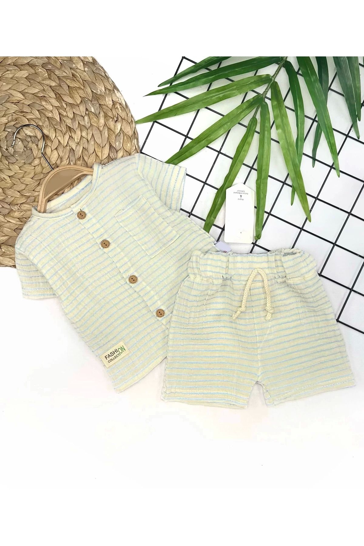 Moda Şahsenem 9-12-18-24 Ay Düğme Detaylı Çizgili Müslin Kumaş Yazlık 2li Erkek Bebek Takımı