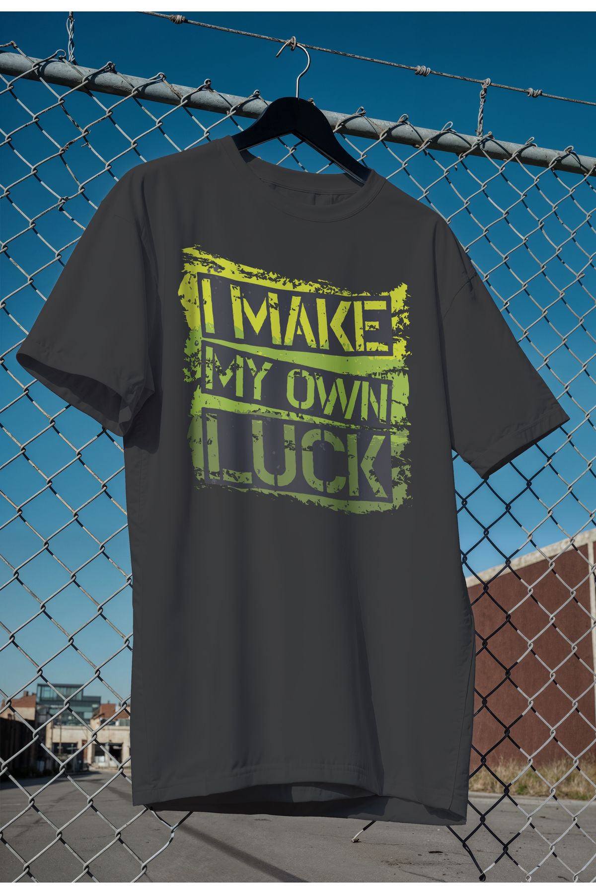 mooodcase Unisex Oversize Siyah T-Shirt Bisiklet Yaka Kısa Kollu Pamuklu Own Luck Desenli