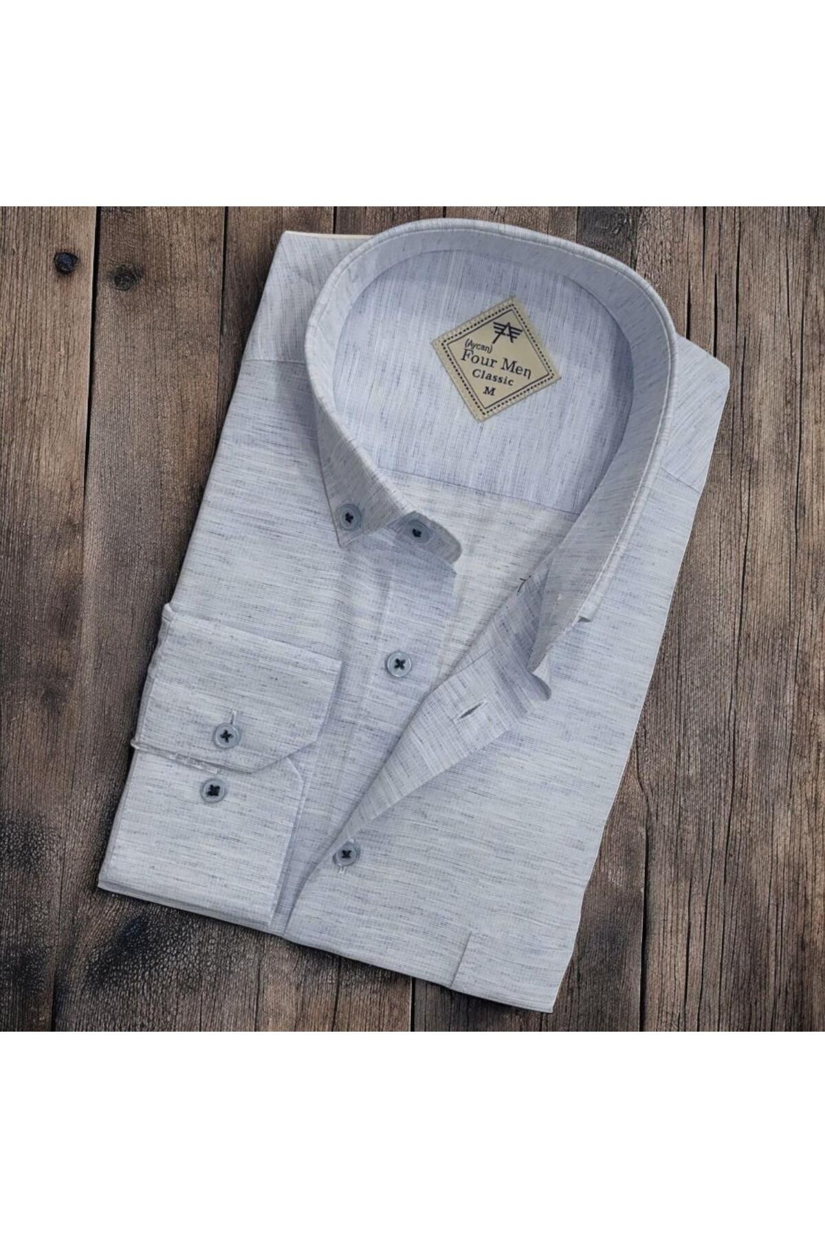 EREN STYLE Linen Keten Hafif Kumaş Uzun Kollu Mavi Erkek Gömlek (Regular Kalıp)