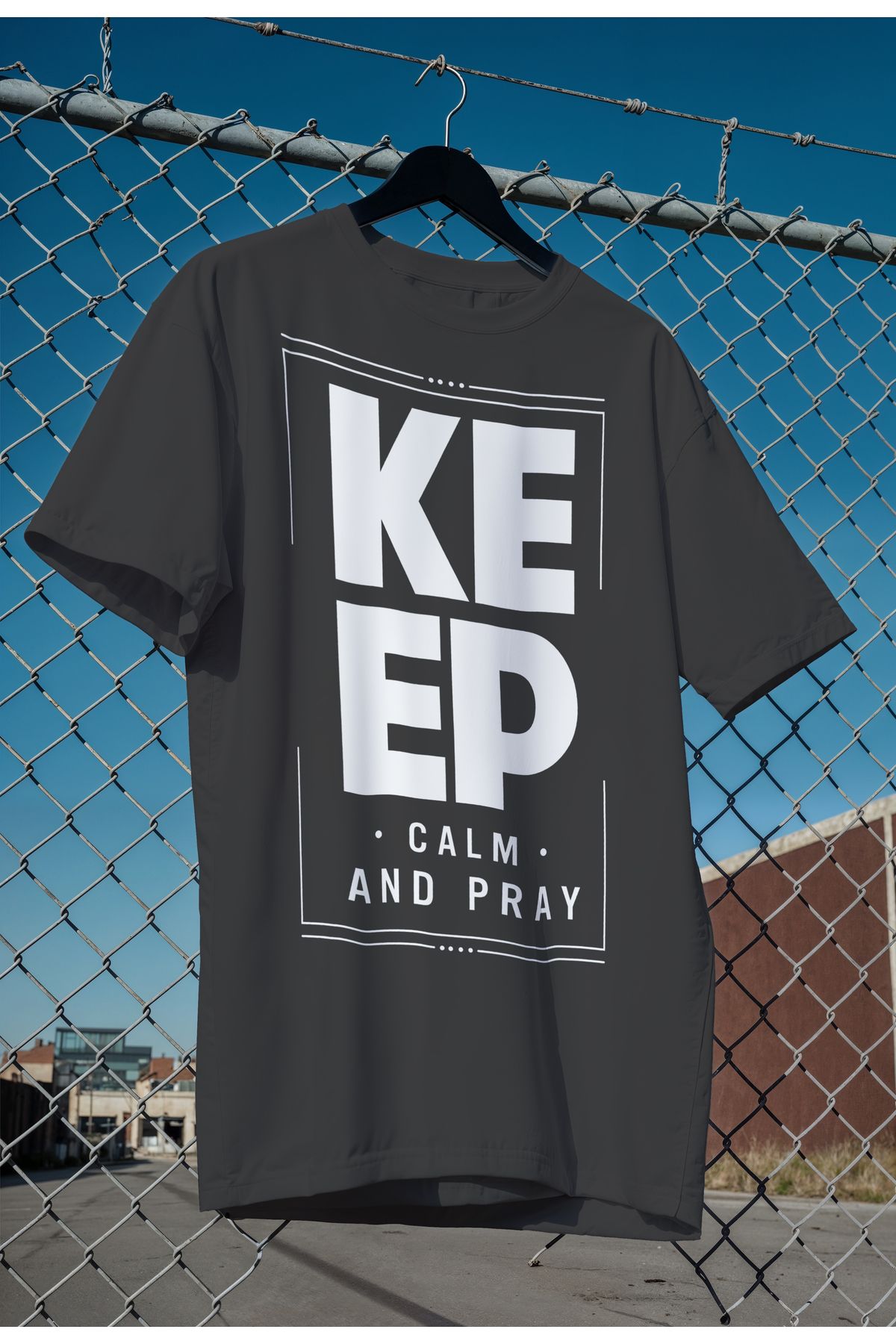 mooodcase Unisex Oversize Siyah T-Shirt Bisiklet Yaka Kısa Kollu Pamuklu Keep Calm Desenli