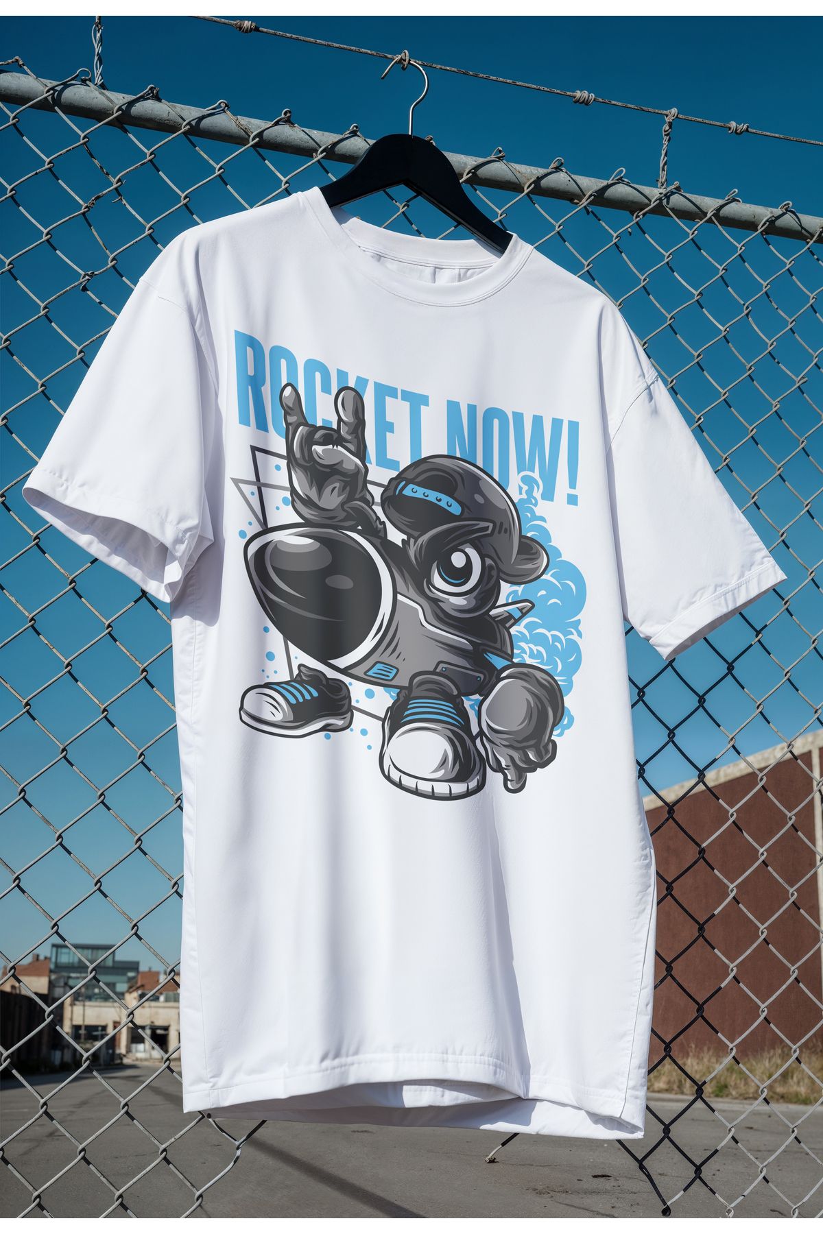 mooodcase Unisex Oversize Beyaz T-Shirt Bisiklet Yaka Kısa Kollu Pamuklu Rocket Now Desenli