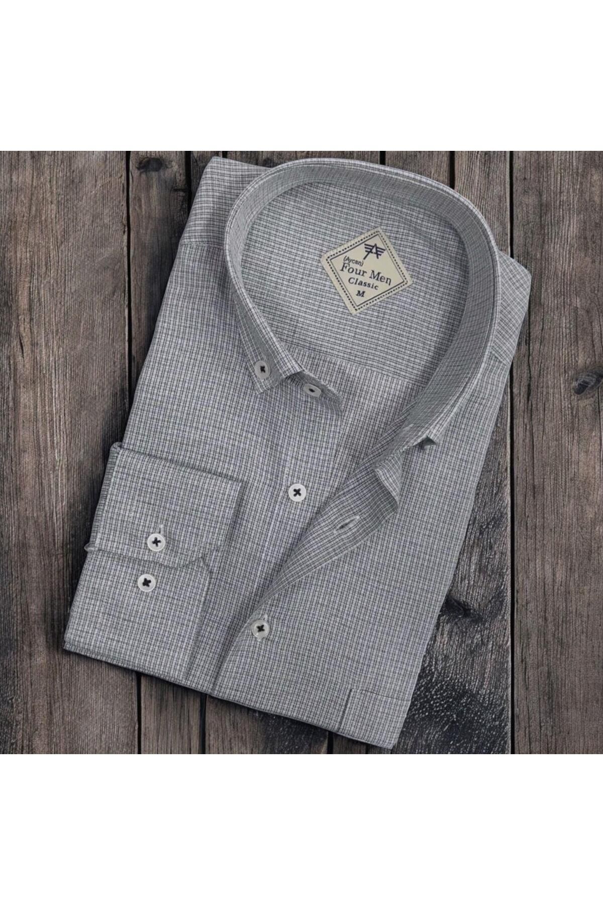 EREN STYLE Linen Keten Hafif Kumaş Uzun Kollu Gri Erkek Gömlek (Regular Kalıp)