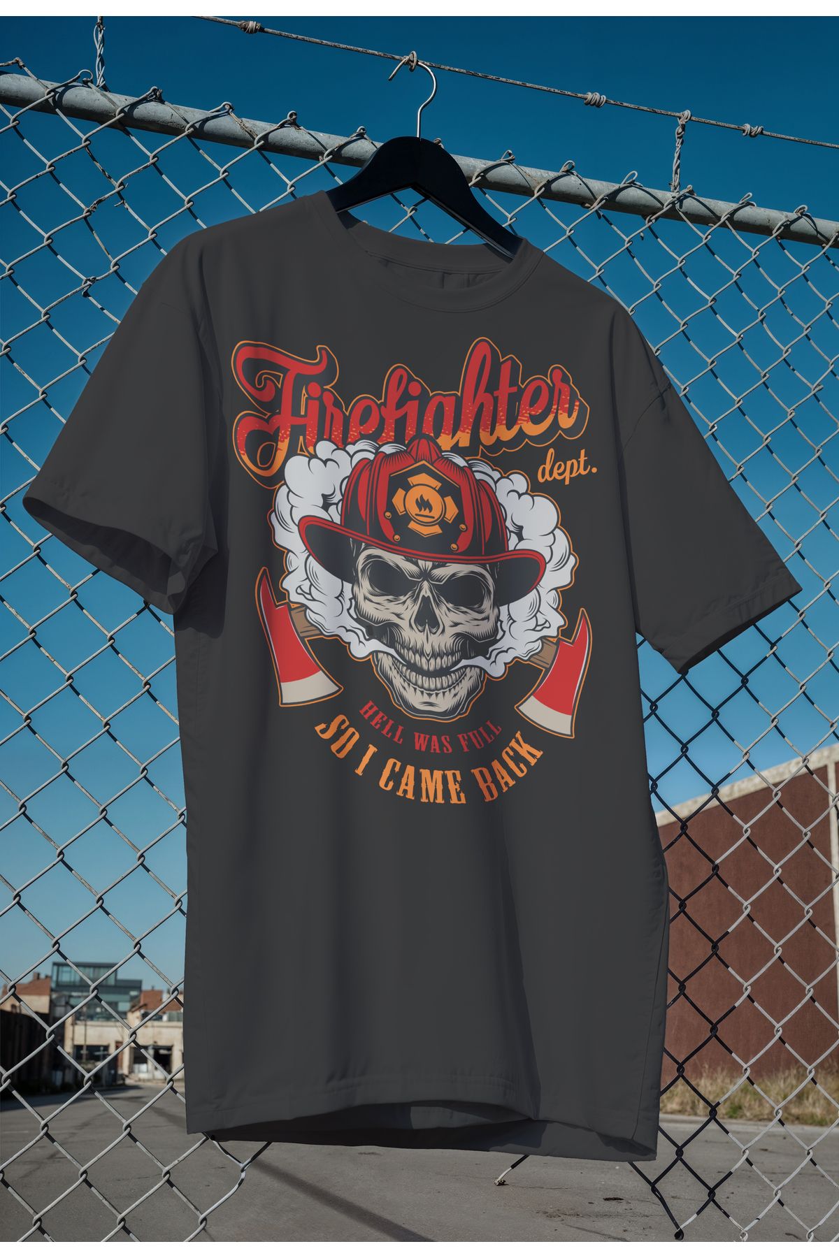 mooodcase Unisex Oversize Siyah T-Shirt Bisiklet Yaka Kısa Kollu Pamuklu Fire Fighter Desenli
