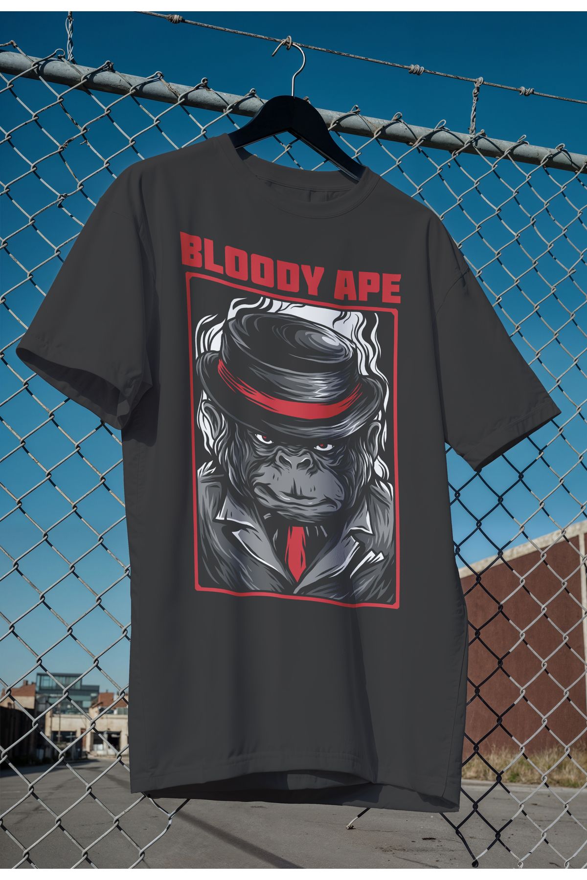 mooodcase Unisex Oversize Siyah T-Shirt Bisiklet Yaka Kısa Kollu Pamuklu Bloody Ape Desenli