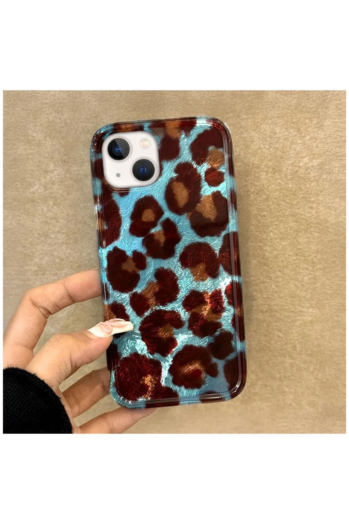 Pro Aksesuar Apple iPhone 13 Uyumlu Kılıf Lüx Leopar Desenli Silikon Kılıf Kahverengi