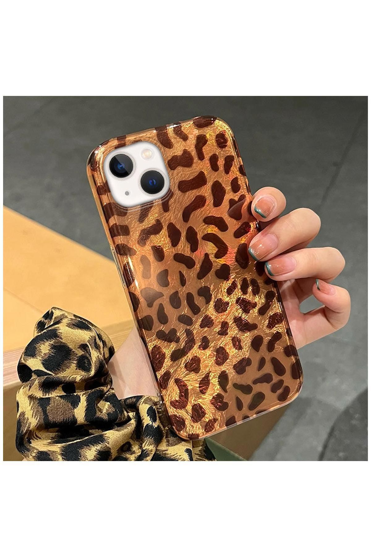Pro Aksesuar Apple iPhone 13 Uyumlu Kılıf Lüx Leopar Desenli Silikon Kılıf Desert Titanyum