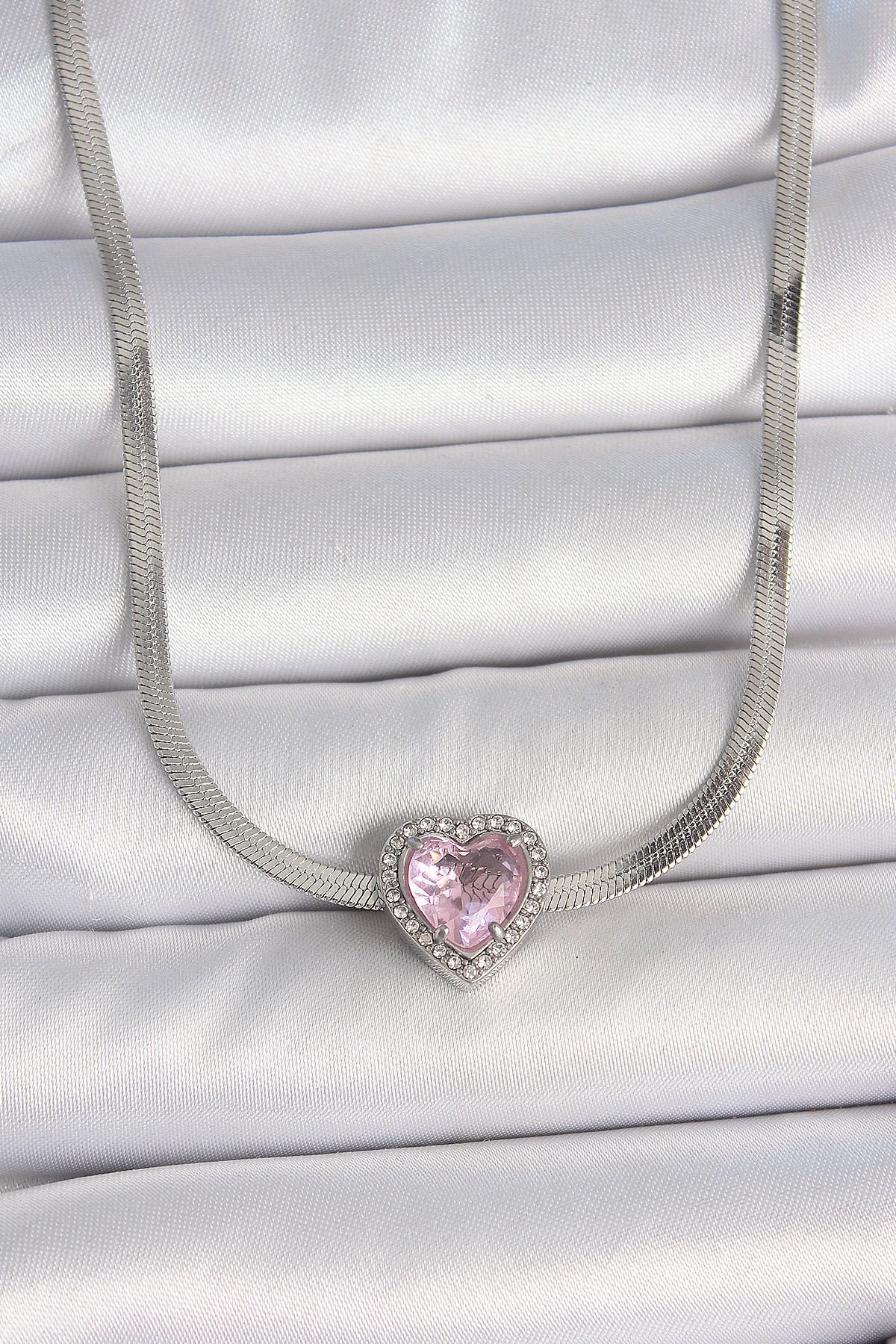 callerrons accessories Gümüş Renk İtalyan Zincir Pembe Zirkon Taşlı Kalp Model Kadın Kolye - EBJ250510W33783