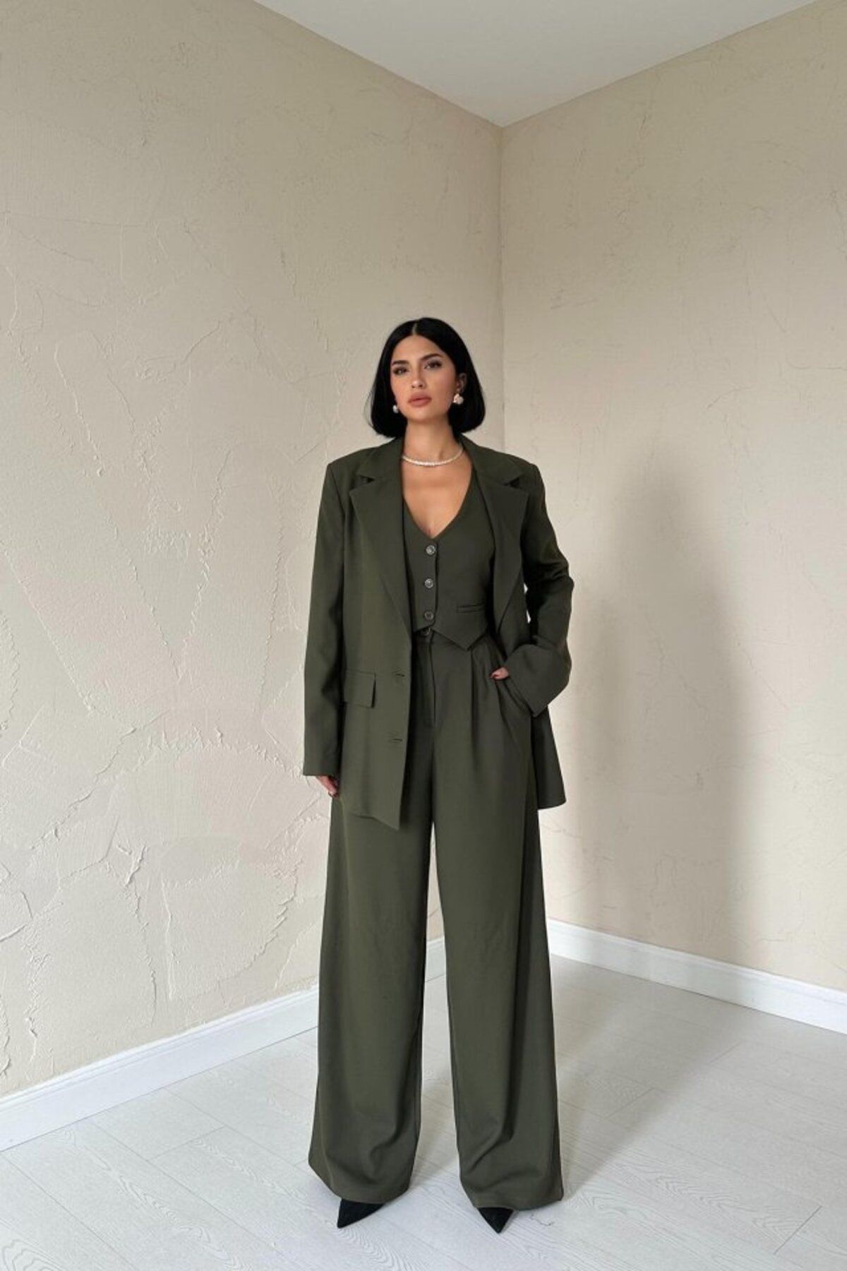 velmorafashion Haki Klas Ceket Ve Yelek Ve Pantolon Takım