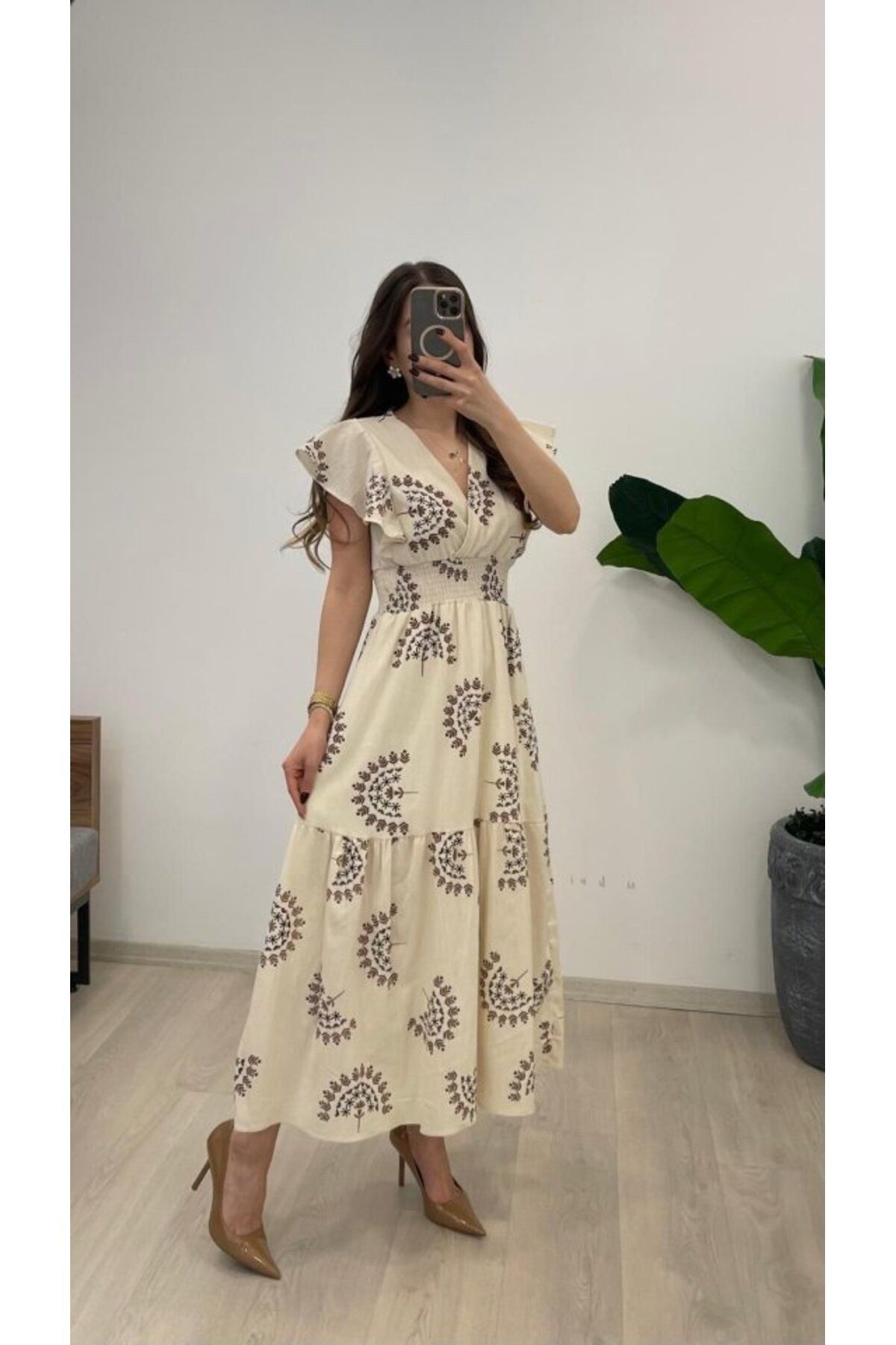 velmorafashion Kadın Keten Kumaş Beli Gipeli V Yaka Maxi Boy Elbise