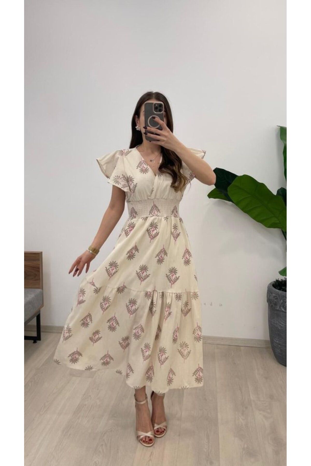 velmorafashion Kadın Keten Kumaş Beli Gipeli V Yaka Maxi Boy Elbise