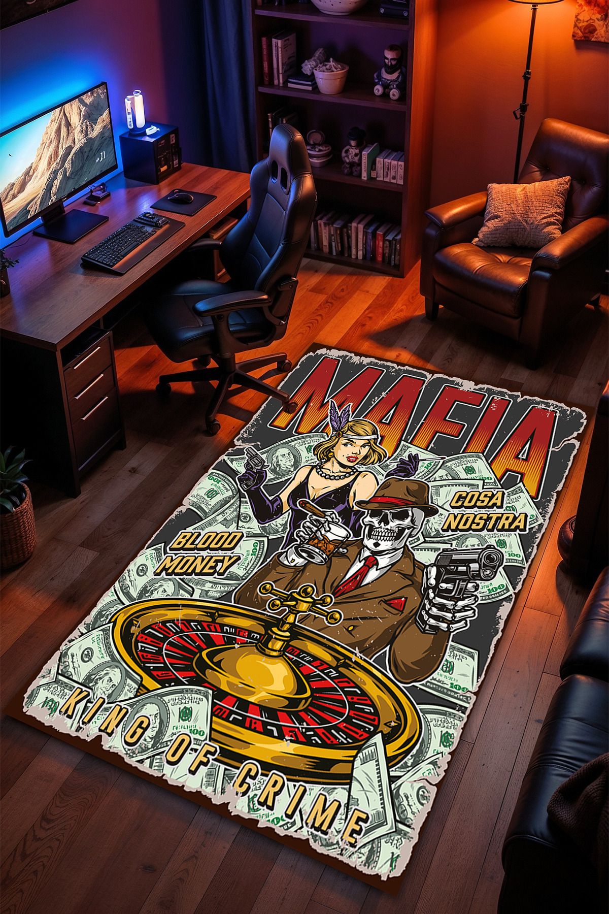 Charmbi Mafia Boss Desenli Kaymaz Taban Makinede Yıkanabilir Gaming Oyuncu Gamer Genç Odası Halısı
