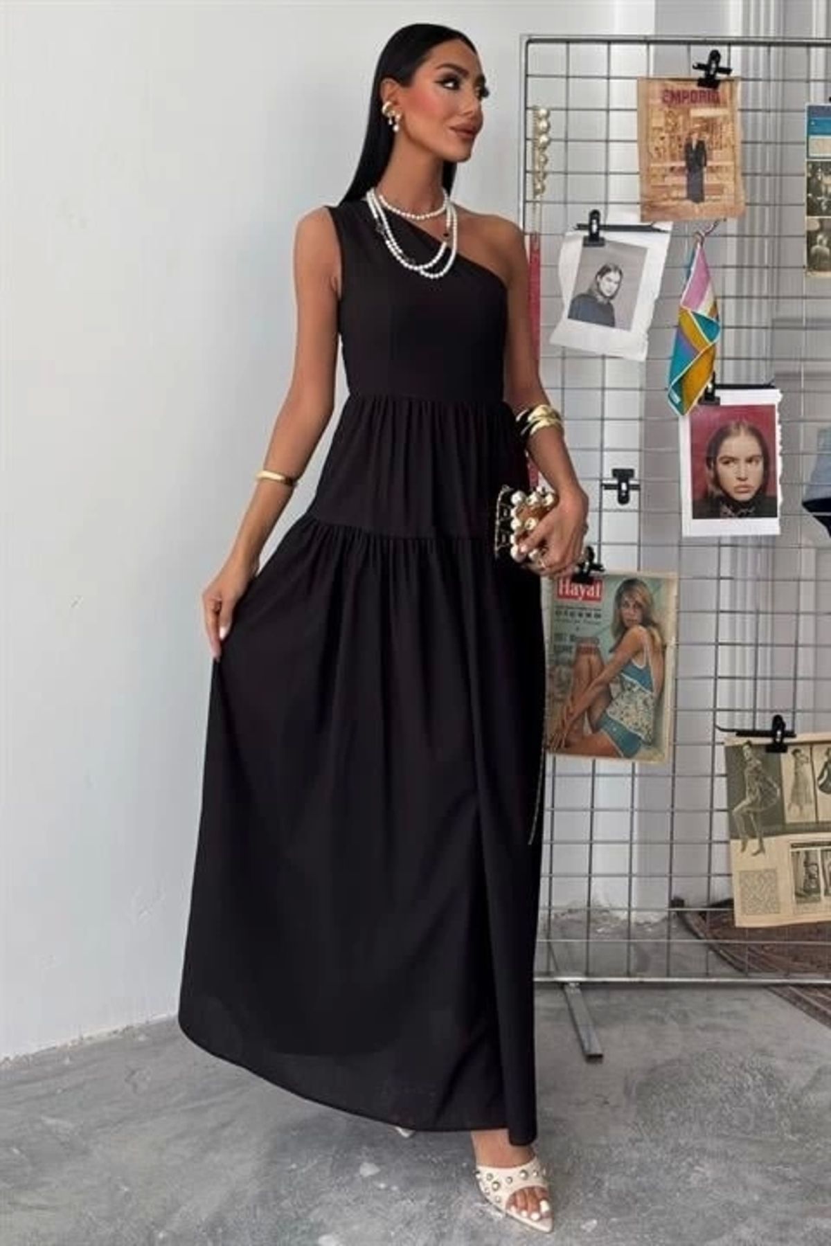 Butik Tek Omuzlu Pile Detay Maxi Elbise 2895
