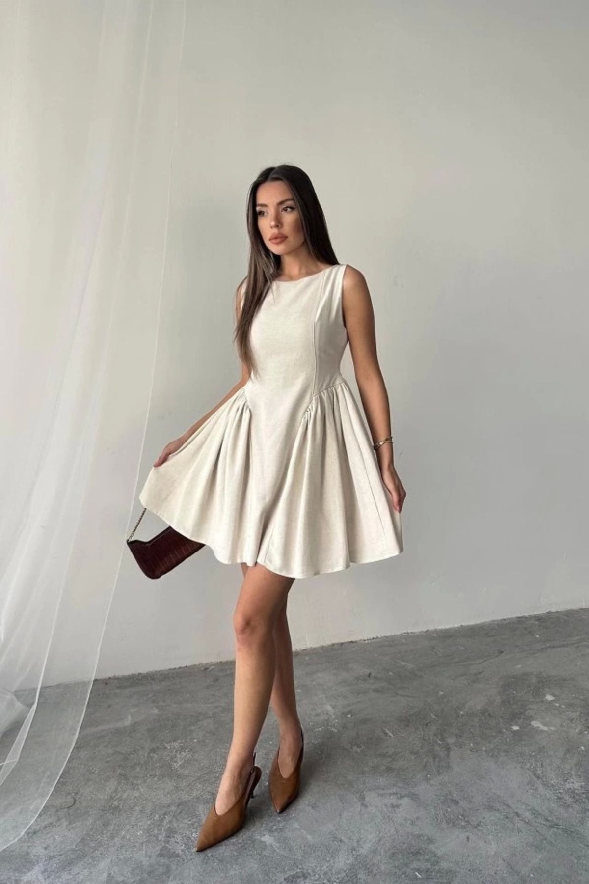 Butik Bej Mini Boy Büzgülü Keten Elbise