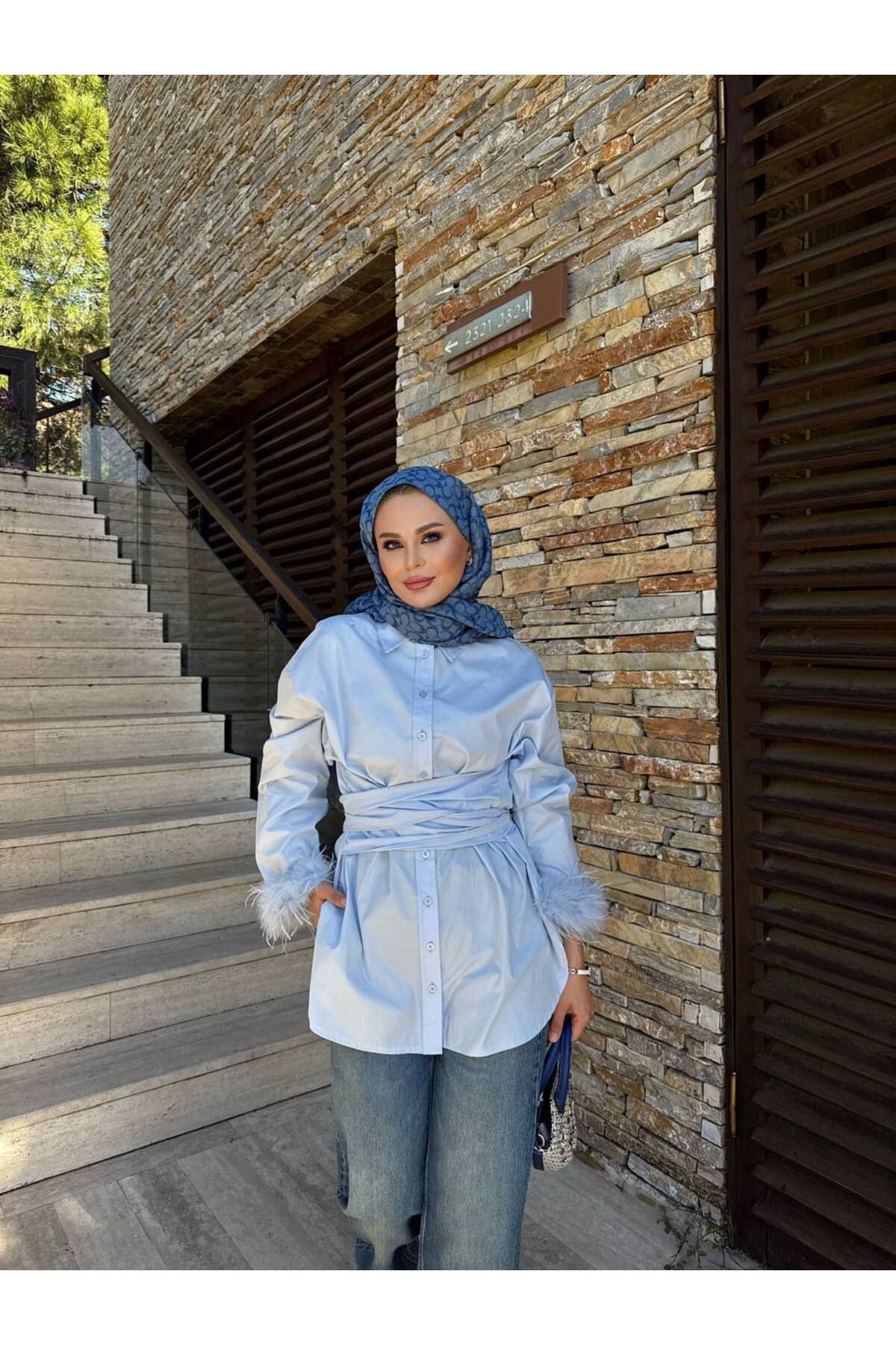 dilara kavasoğlu butik KADIN BELİ KUŞAKLI KOLLARI OTRİŞ DETAYLI GÖMLEK