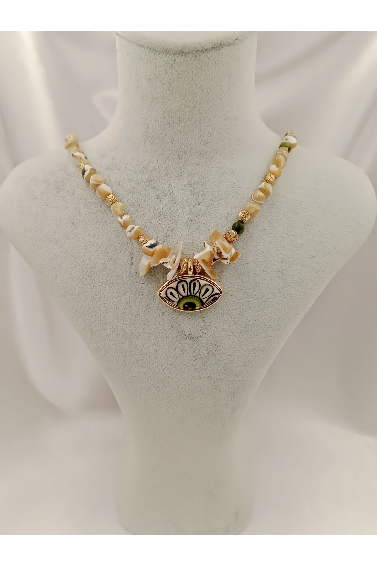 Joyful Accessories By Neşe San Kahverengi ve Yeşil Tonlarda Amorf Evil Eye Seramik Göz Tasarım Kolye