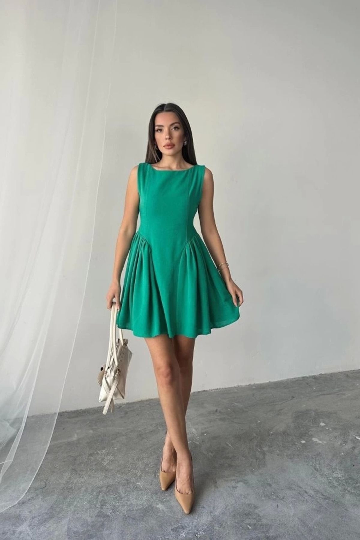 Butik Yeşil Mini Boy Büzgülü Keten Elbise