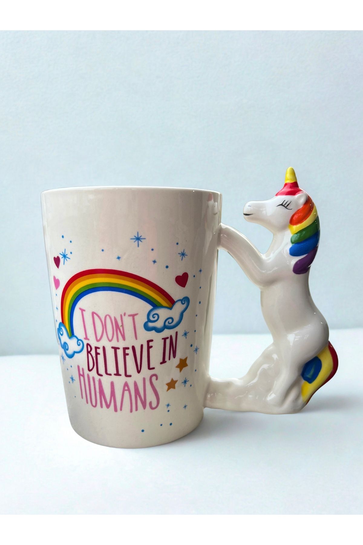 ÖZK-HEDIYELIK Unicorn at hayvan kulplu el yapımı 3D seramik çocuk hediyelik gökkuşağı yazılı kahve kupa bardak mug