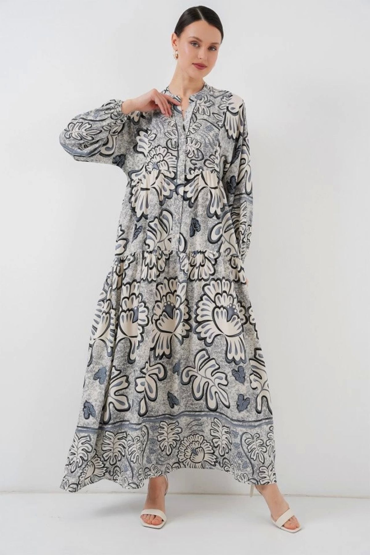 Butik 2423 Otantik Desenli Tesettür Elbise - K. Antrasit