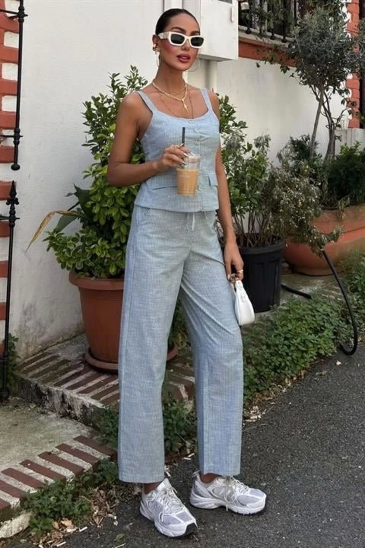 nedo7 Kalın Askılı Bluz Pantolon Keten Takım 10187