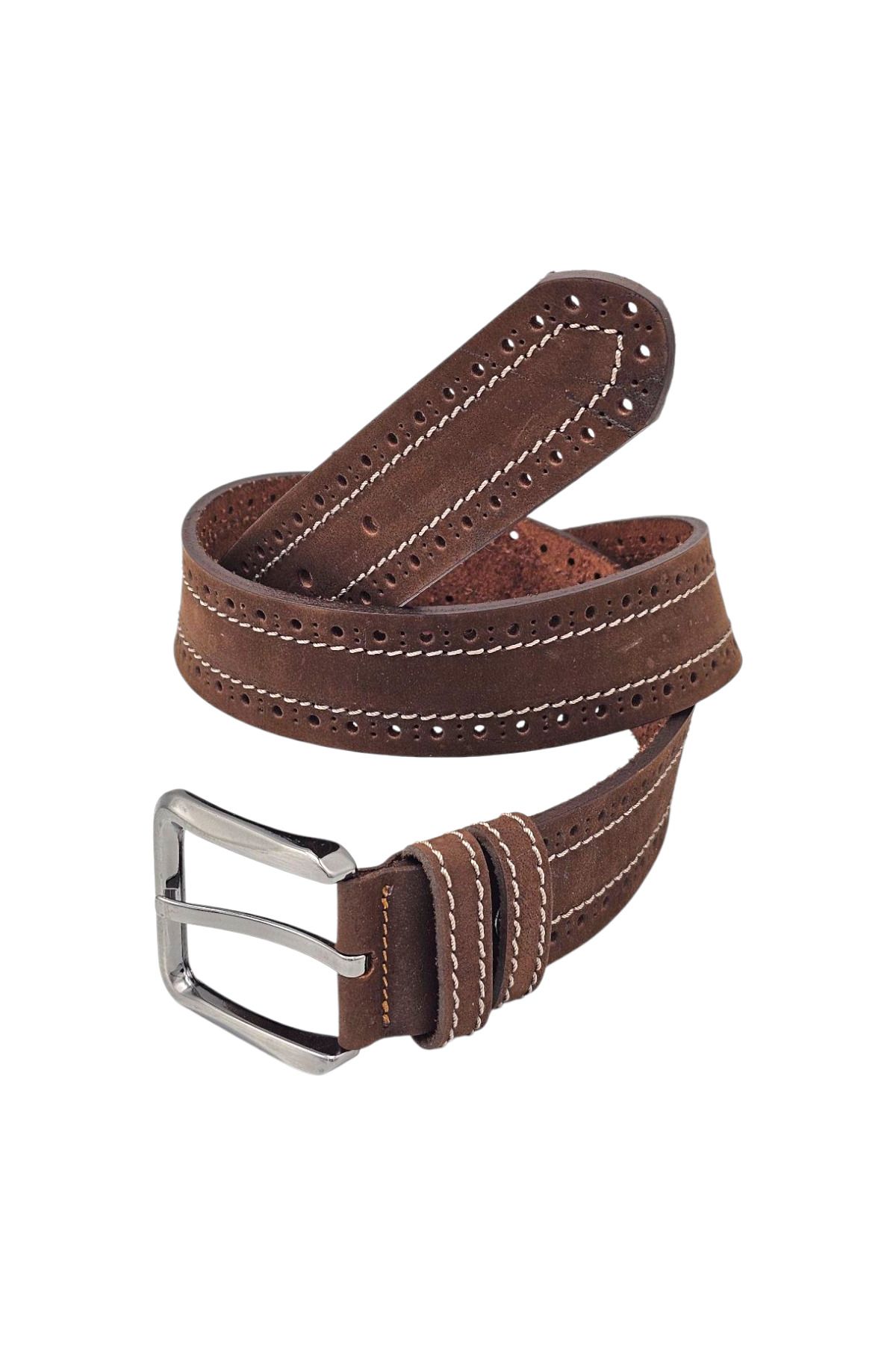 RyS Leather Atelier %100 Hakiki Deri Erkek Spor Kot Kemeri 4 Cm Nubuk Kahve Kemer Hediye Kutulu Çeyizlik Kemer