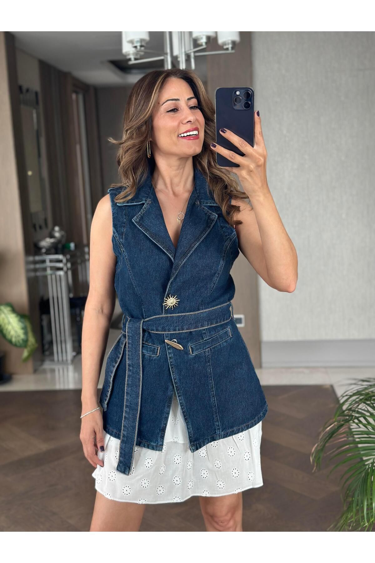 Forlady4 Lacivert Güneş Serisi Kuşaklı Denim Kadın Yelek