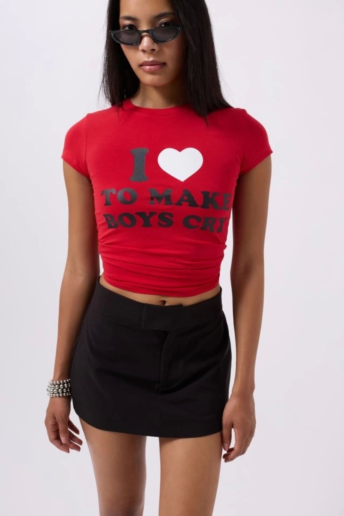 nedo7 Nakış Detay Baskılı Crop T-Shirt