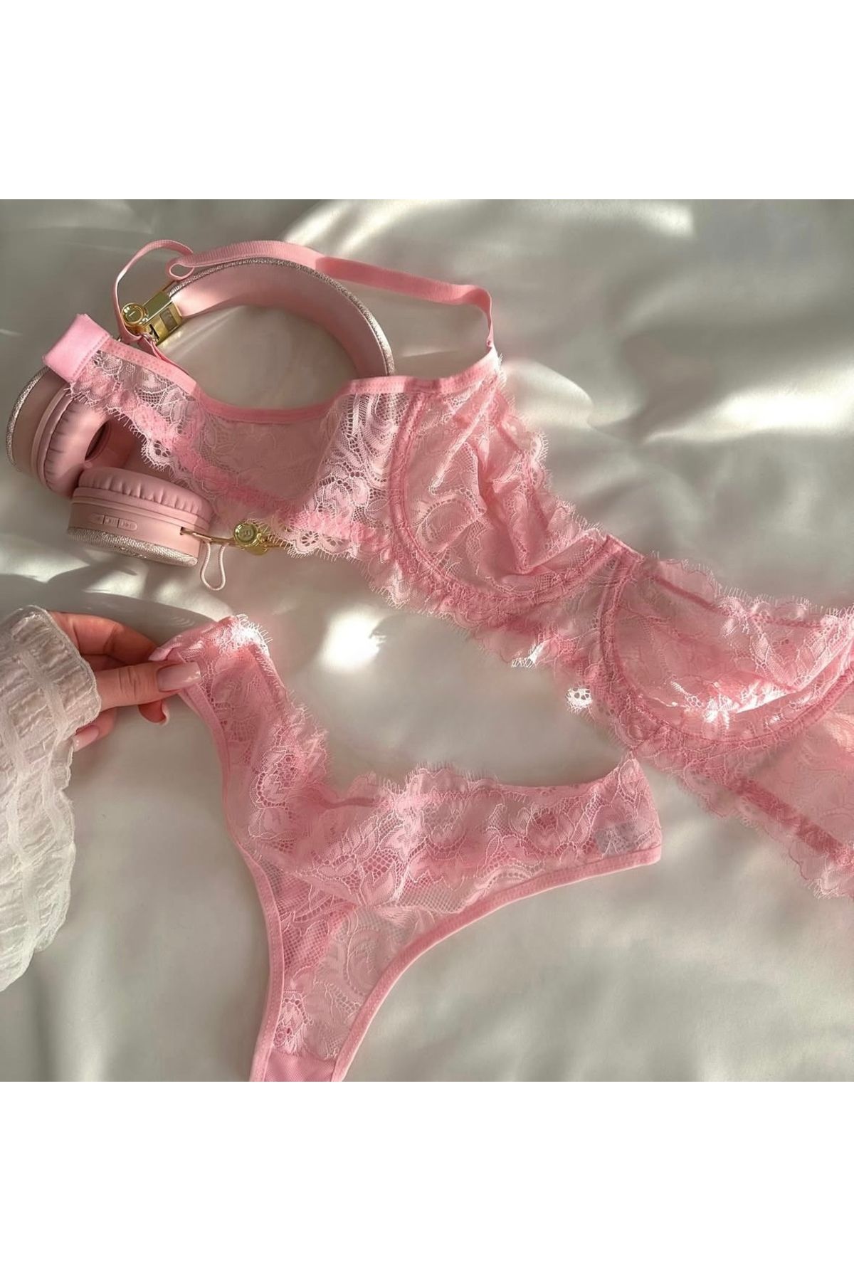 miel lingerie Pembe Dantelli Bralet Sütyen Takım - Rahat Desteksiz Yumuşak Cup İç Giyim Sütyen Tanga