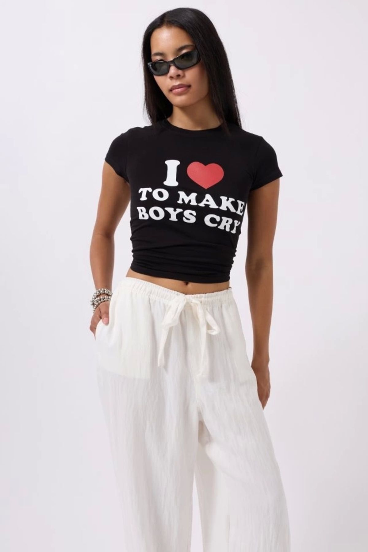 nedo7 Nakış Detay Baskılı Crop T-Shirt