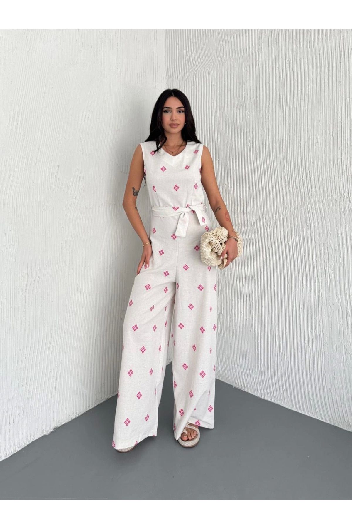 KAZAX-Back Low-Cut Linen White Jumpsuit S1036 7