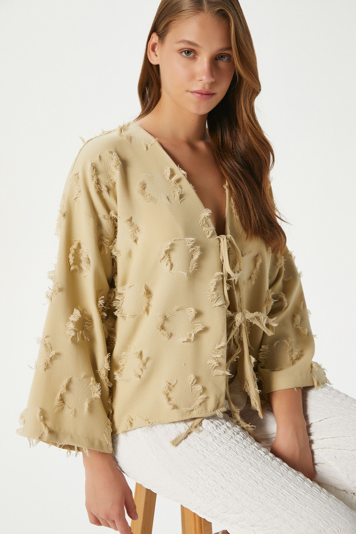 Ritnice Kadın Harmony Bağcıklı Çağla Yeşili Kimono Gömlek