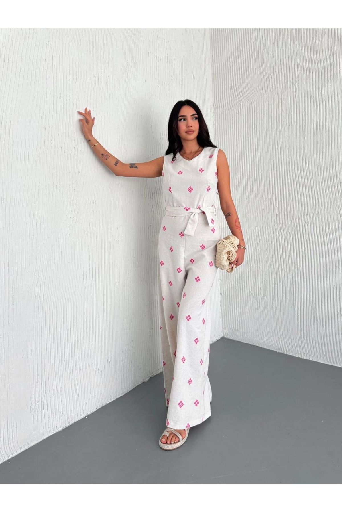 KAZAX-Back Low-Cut Linen White Jumpsuit S1036 6