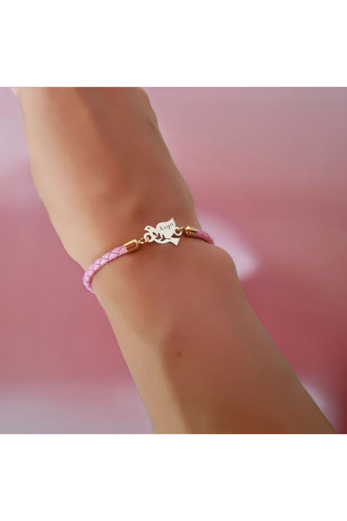 ARCHINO GOLD Kuş Motifli 14 Ayar Altın Plakalı Doğal Derili Asya İsmine Özel Hediye Bilekliği-444isim-pembe