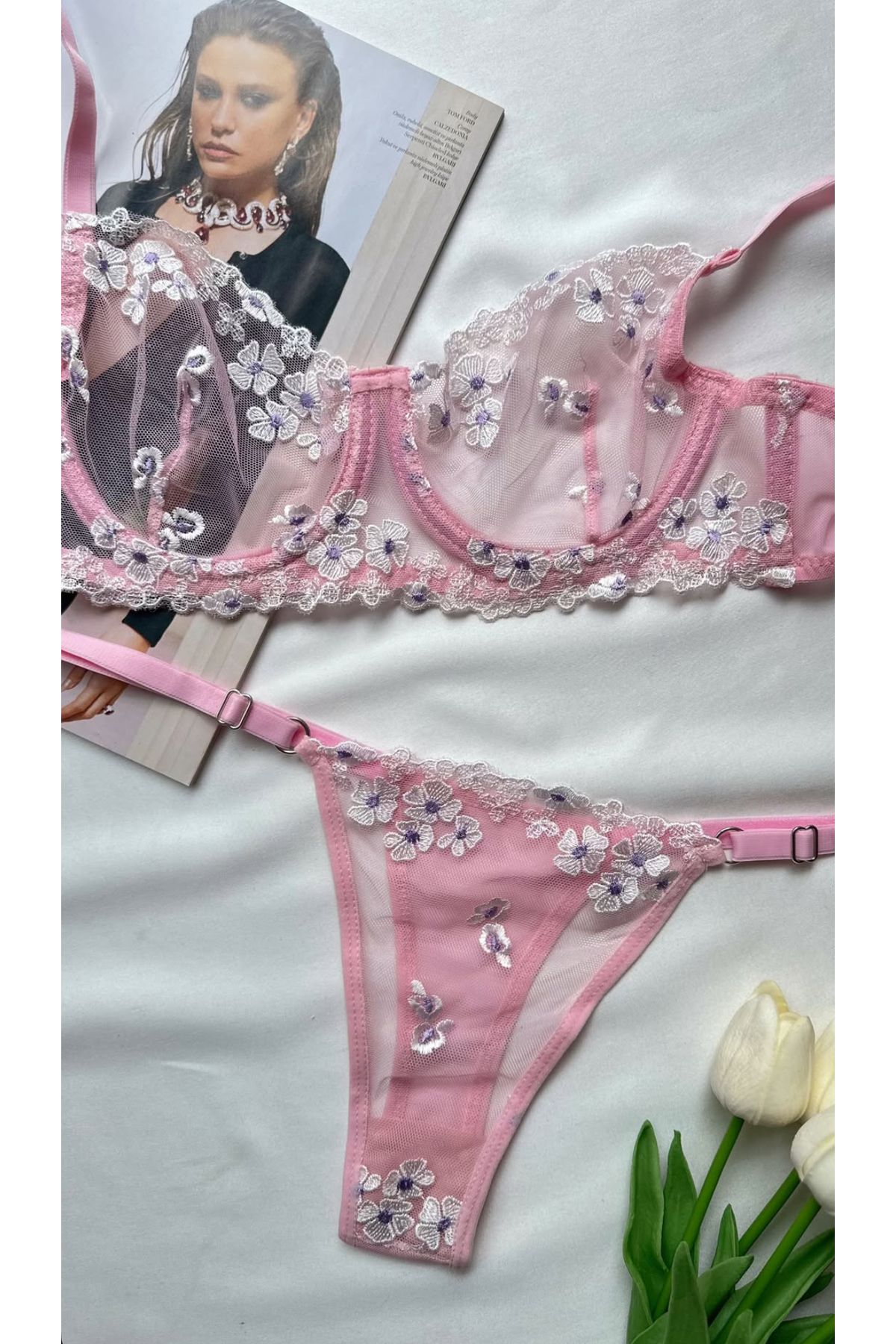 miel lingerie Pembe Çiçekli Bralet Takımı - Romantik ve Şık İç Giyim