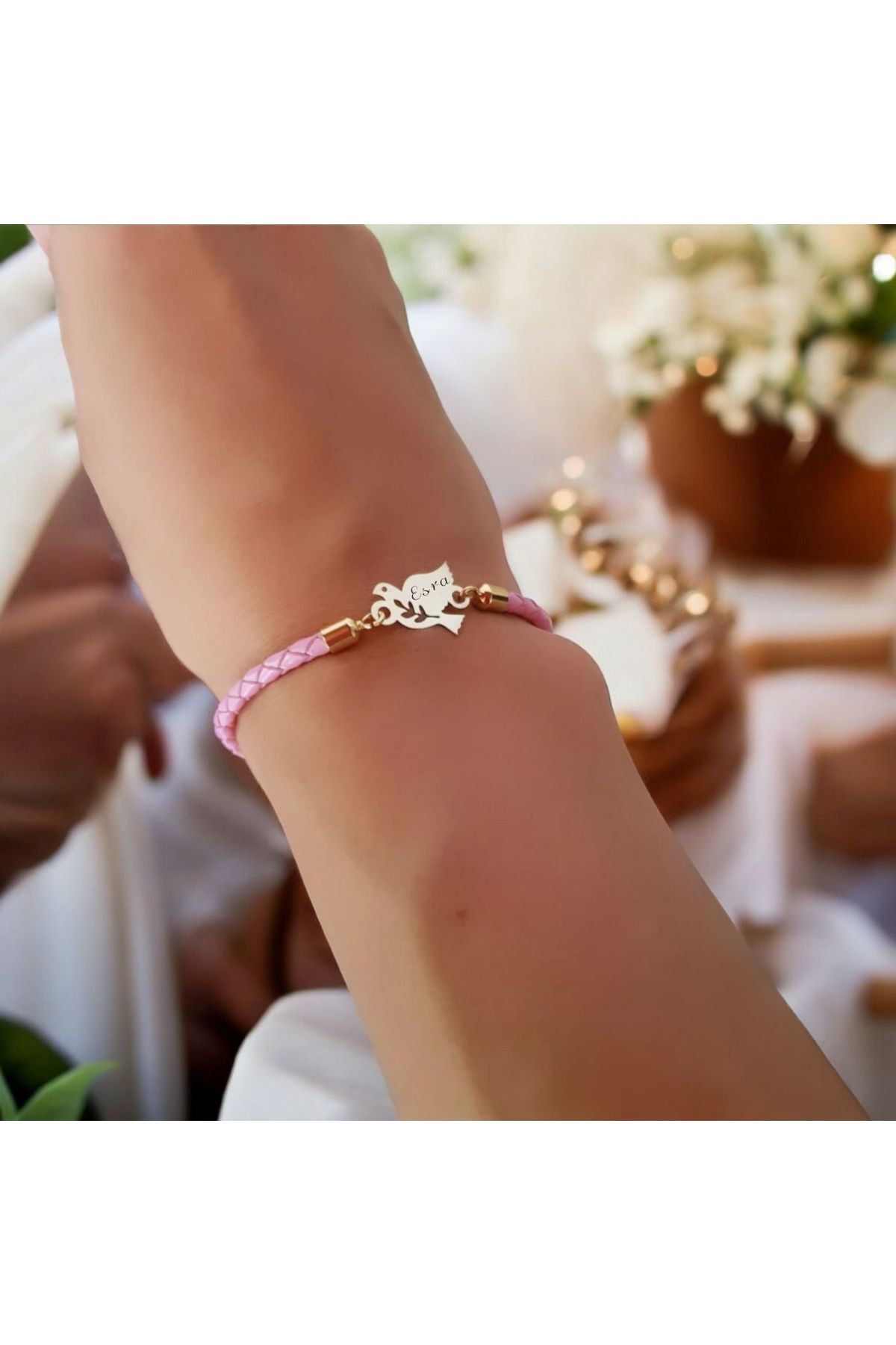 ARCHINO GOLD Kuş Motifli 14 Ayar Altın Plakalı Doğal Derili Esra İsmine Özel Hediye Bilekliği-444isim-pembe