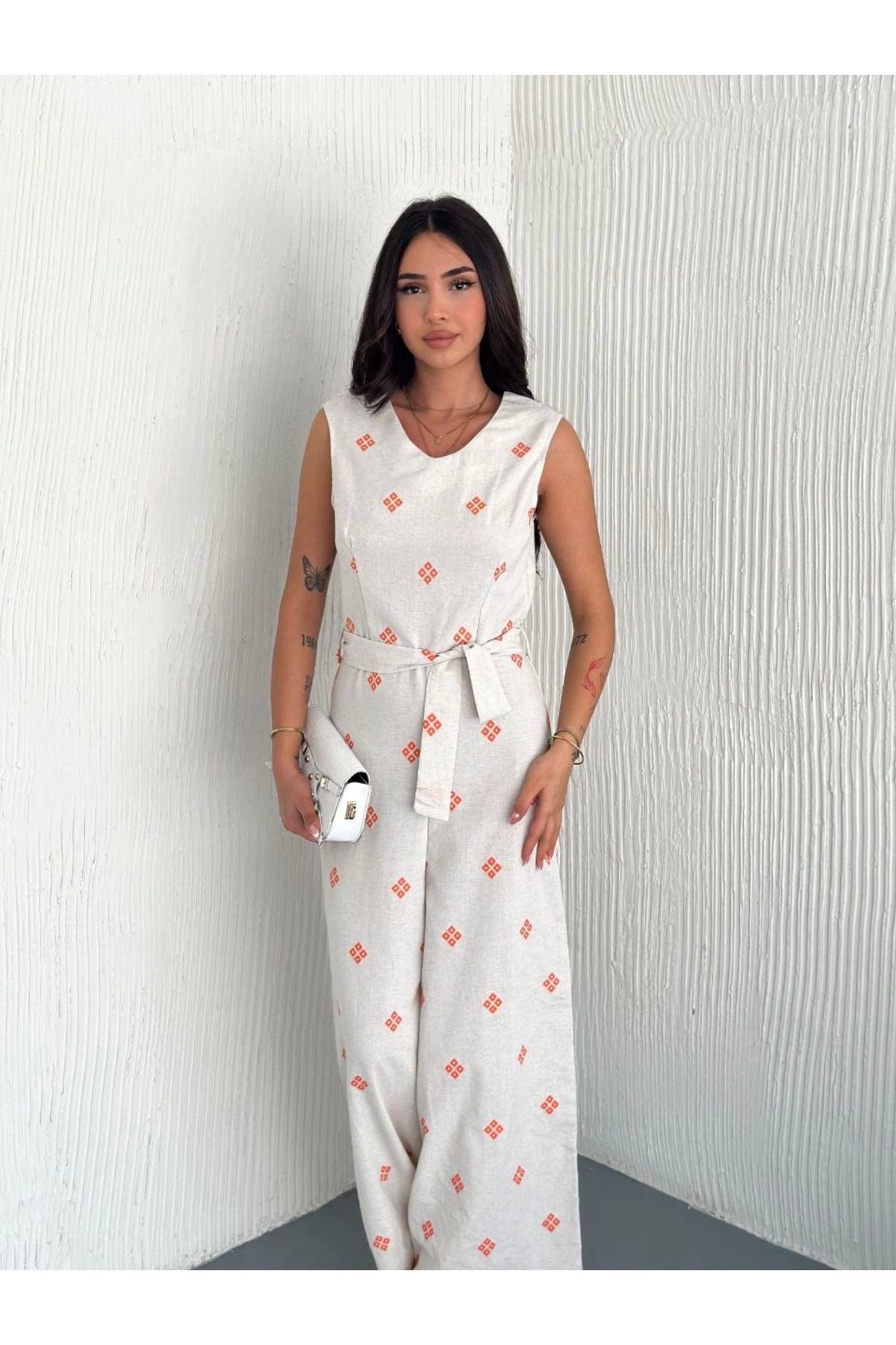 KAZAX-Back Low-Cut Linen White Jumpsuit S1036 8