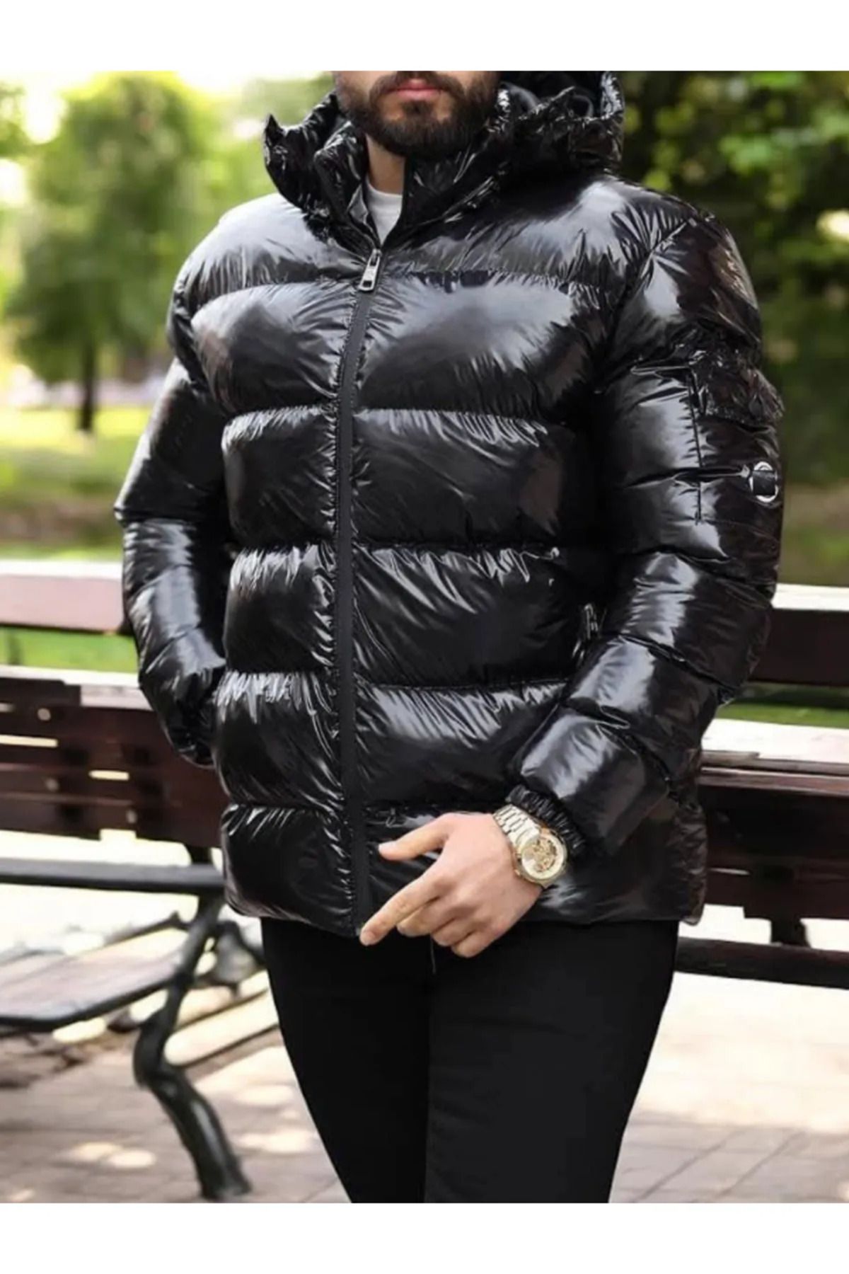 noirsecret Kapşonlu Parlak unisex Dar Kesim Şişme Mont