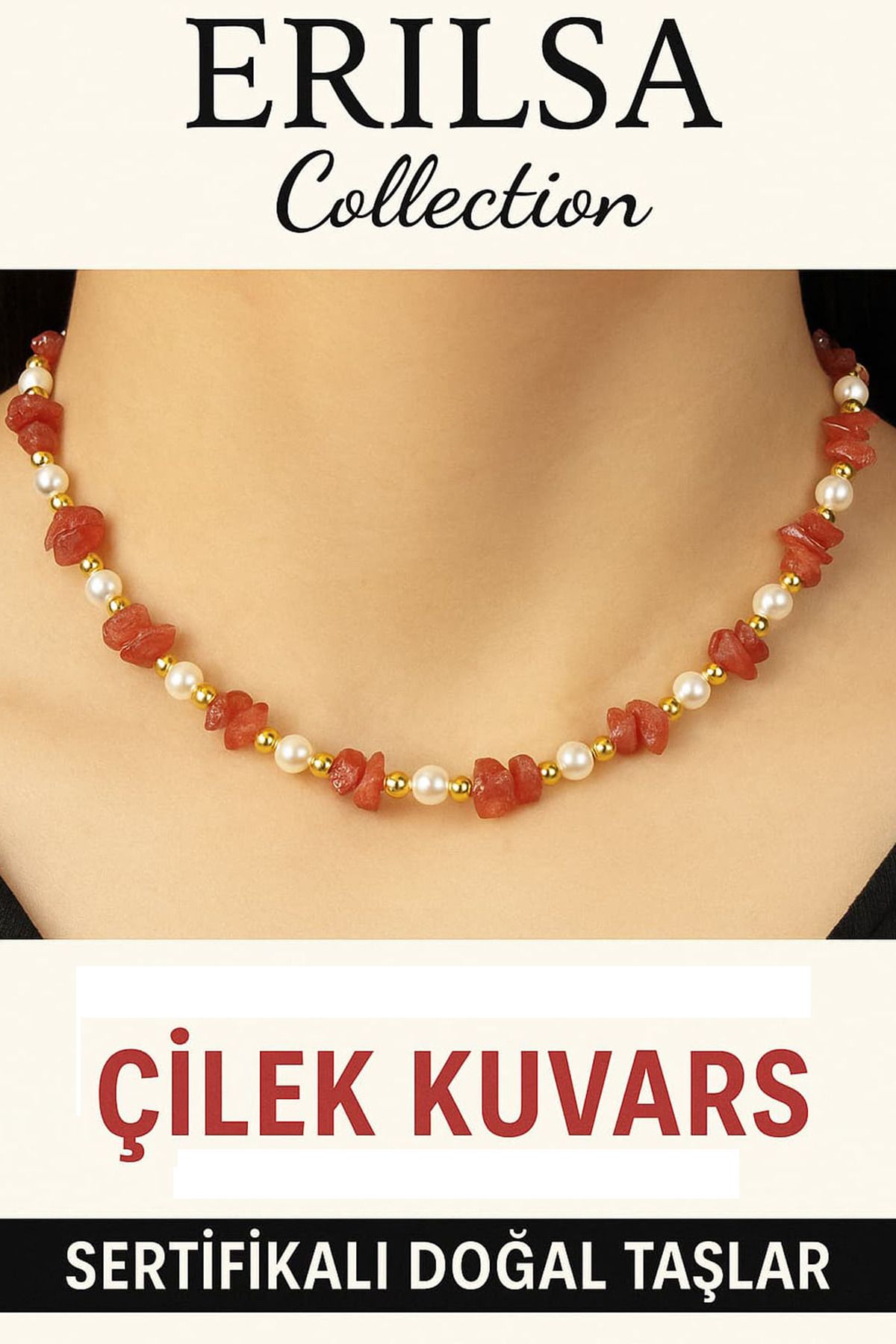 Erilsa Sertifikalı Kırık Taşlı Model İnci Çilek Kuvars Taşı Kolye Kalp Çakra Dengesi Sağlar