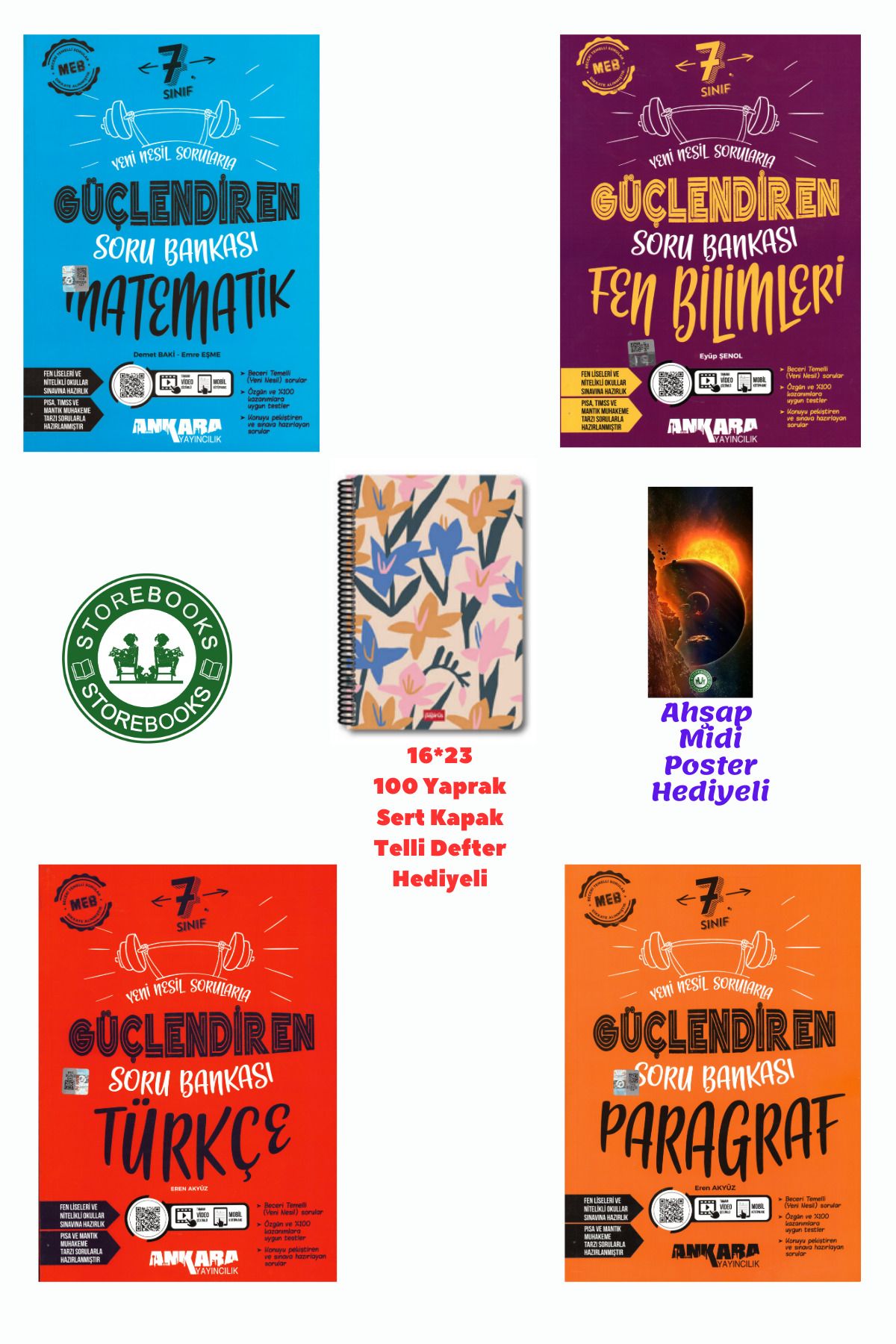 Ankara Yayıncılık 7. Sınıf Güçlendiren Matematik+Fen+Türkçe+Paragraf Soru Bankası Seti+Defter ve Ahşap Poster Hediyeli