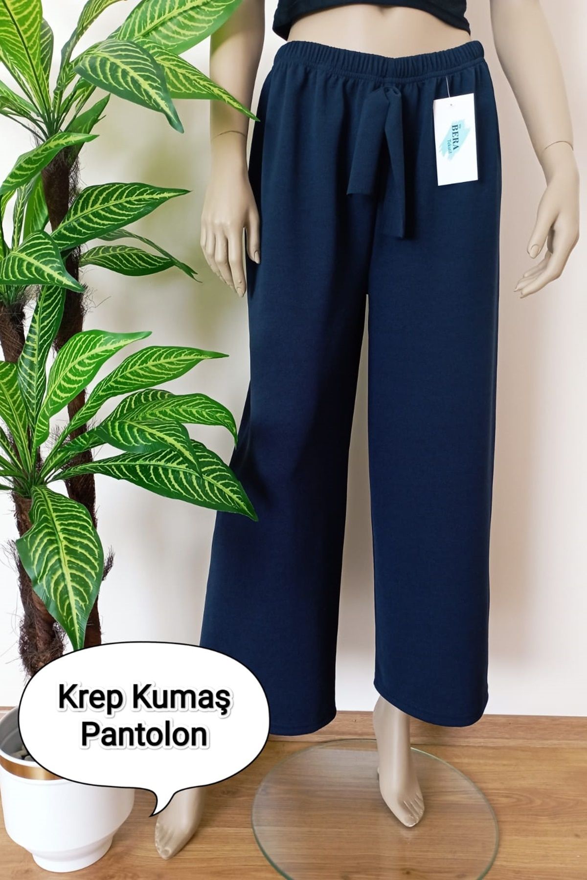VİP BERA TEKSTİL Kadın Lacivert Dökümlü Krep Kumaş Beli Lastikli Bol Paça Pantolon