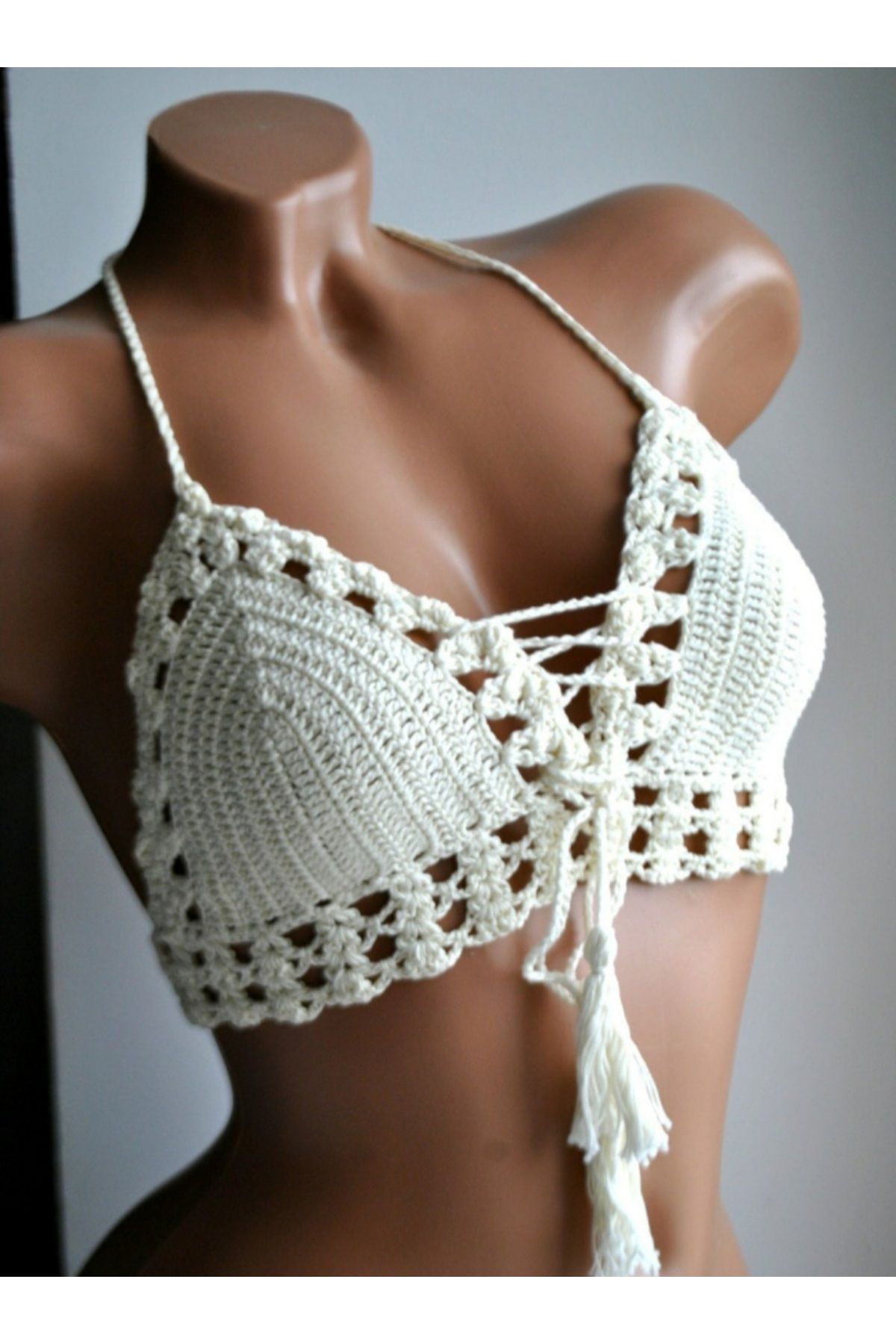 ThreadArtByNur Krem Renk El Örgüsü Crop Büstiyer Bikini Üstü Sık Iğne Iç Göstermez Yaz Modası