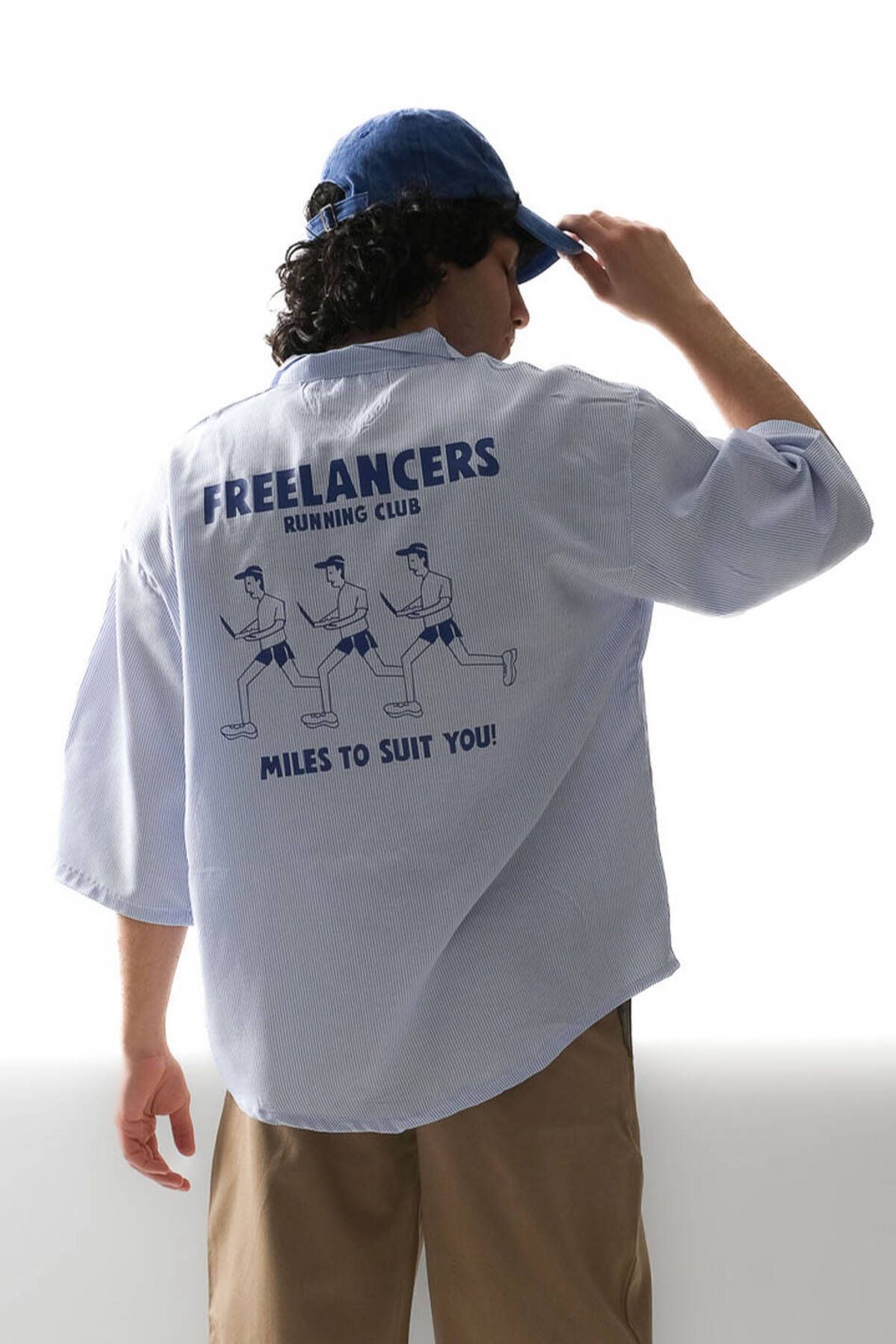 1887CLO Freelancers İnce Mavi Çizgili Yarım Kol Oversize Gömlek